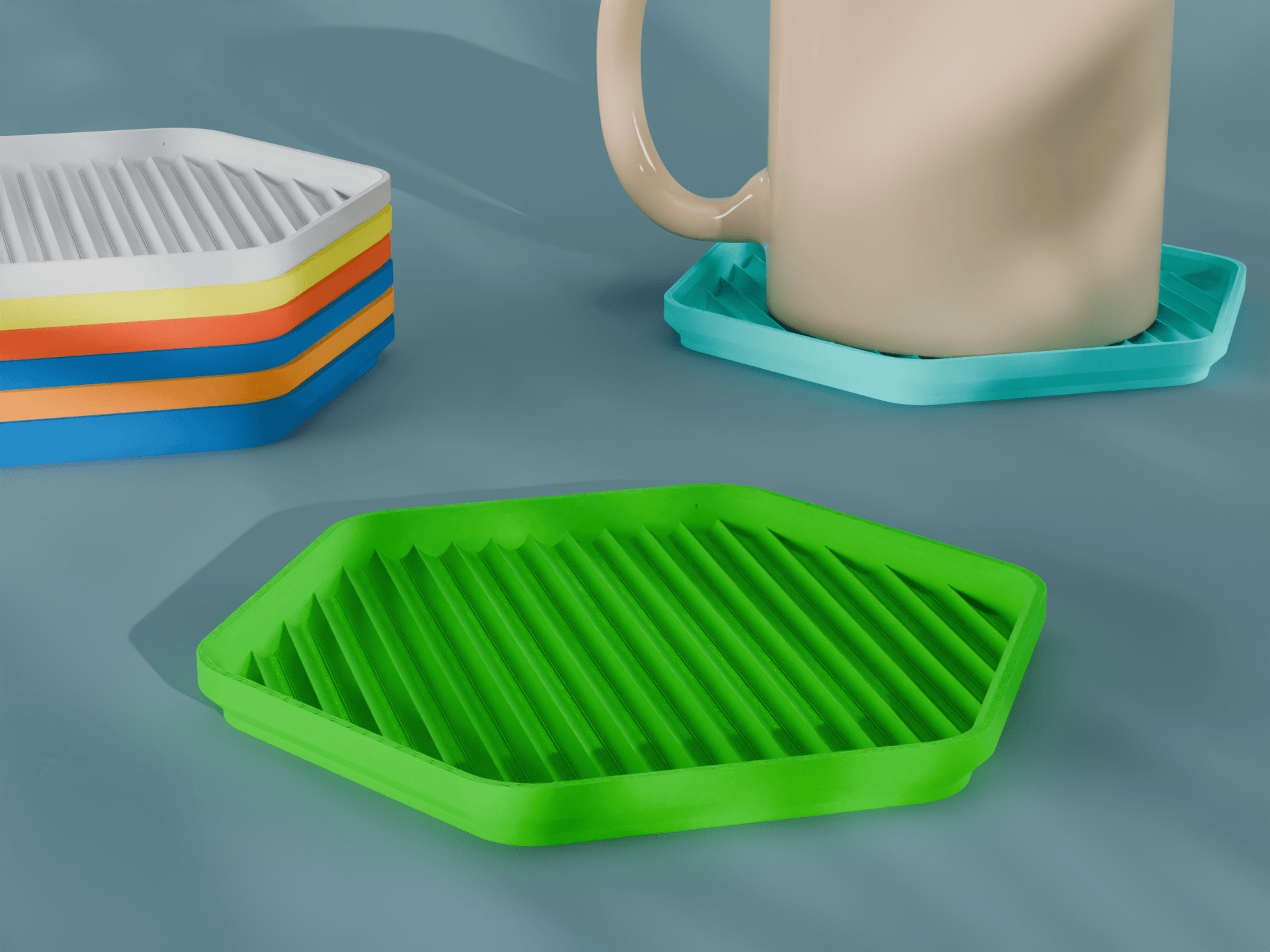 Stackable Scalloped Reverse Hexagon Coaster Set 3D Print STL File | 3 Sizes 3d model