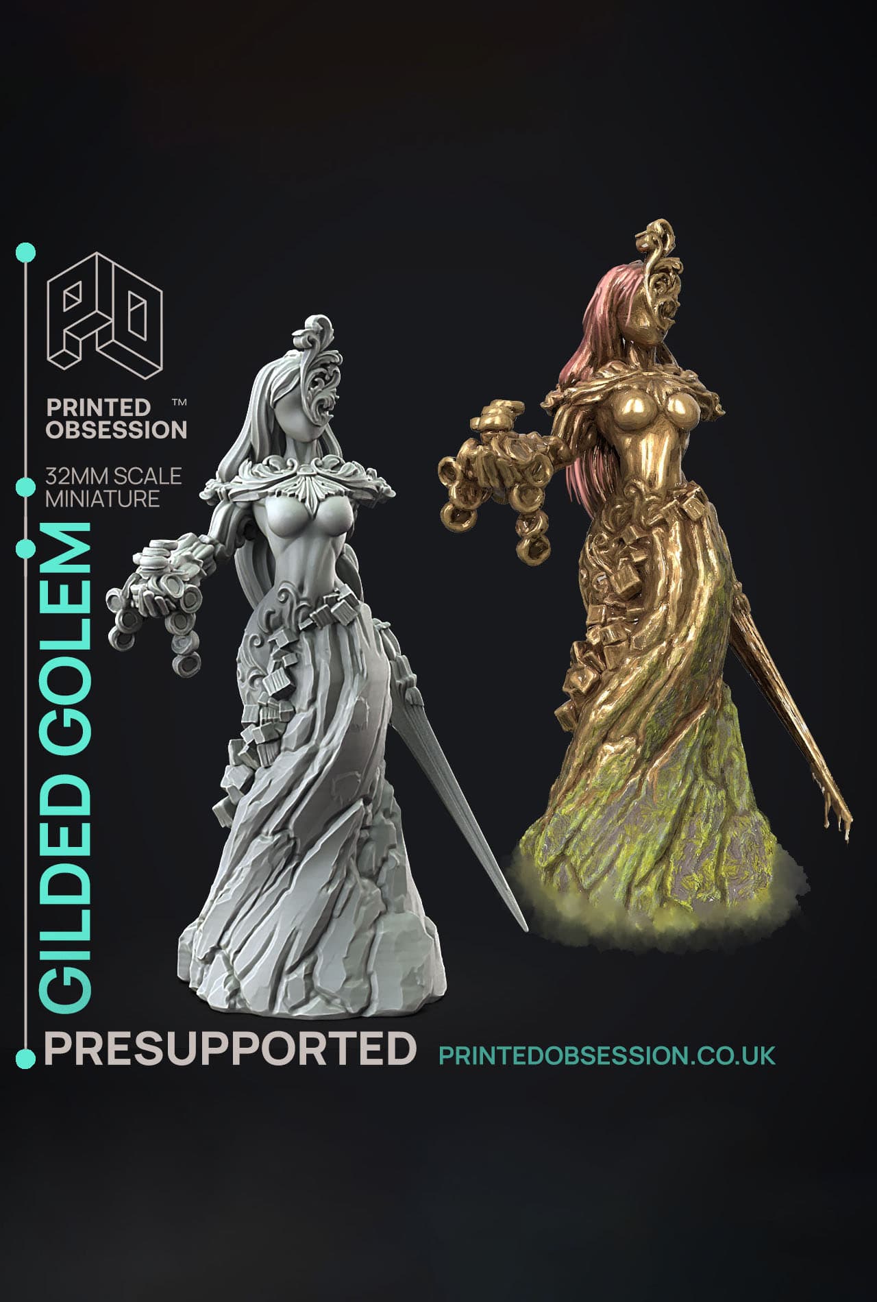 Gilded Golem - Flesh of Gold - PRESUPPORTED - Illustrated and Stats - 32mm scale 3d model
