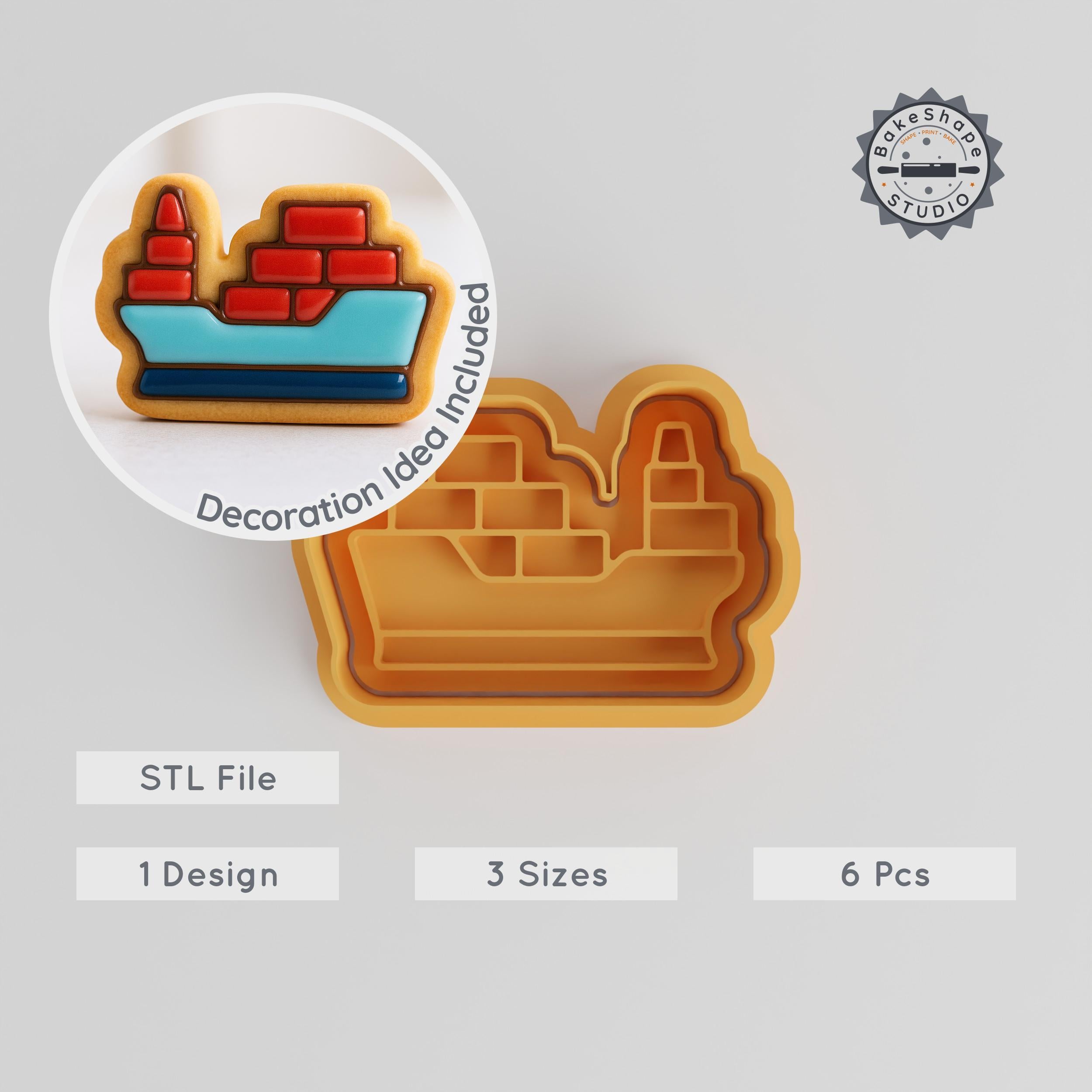 Cargo Ship Cookie Cutter & Stamp Set, Ocean Freighter, Maritime Carrier, 3 Sizes S/M/L, Perfect for Cookies & Fondant PRODUCT_1096 3d model