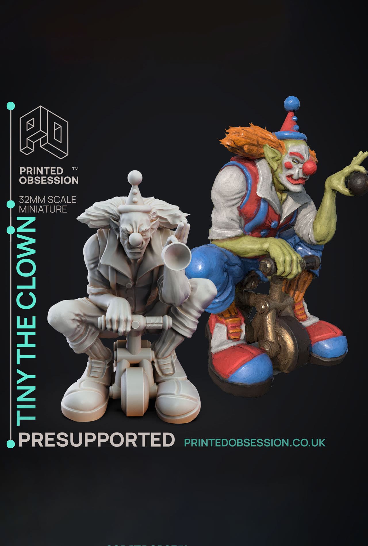 Tiny The Clown - Jerrys Circus of Horror - PRESUPPORTED - Illustrated and Stats - 32mm scale 3d model