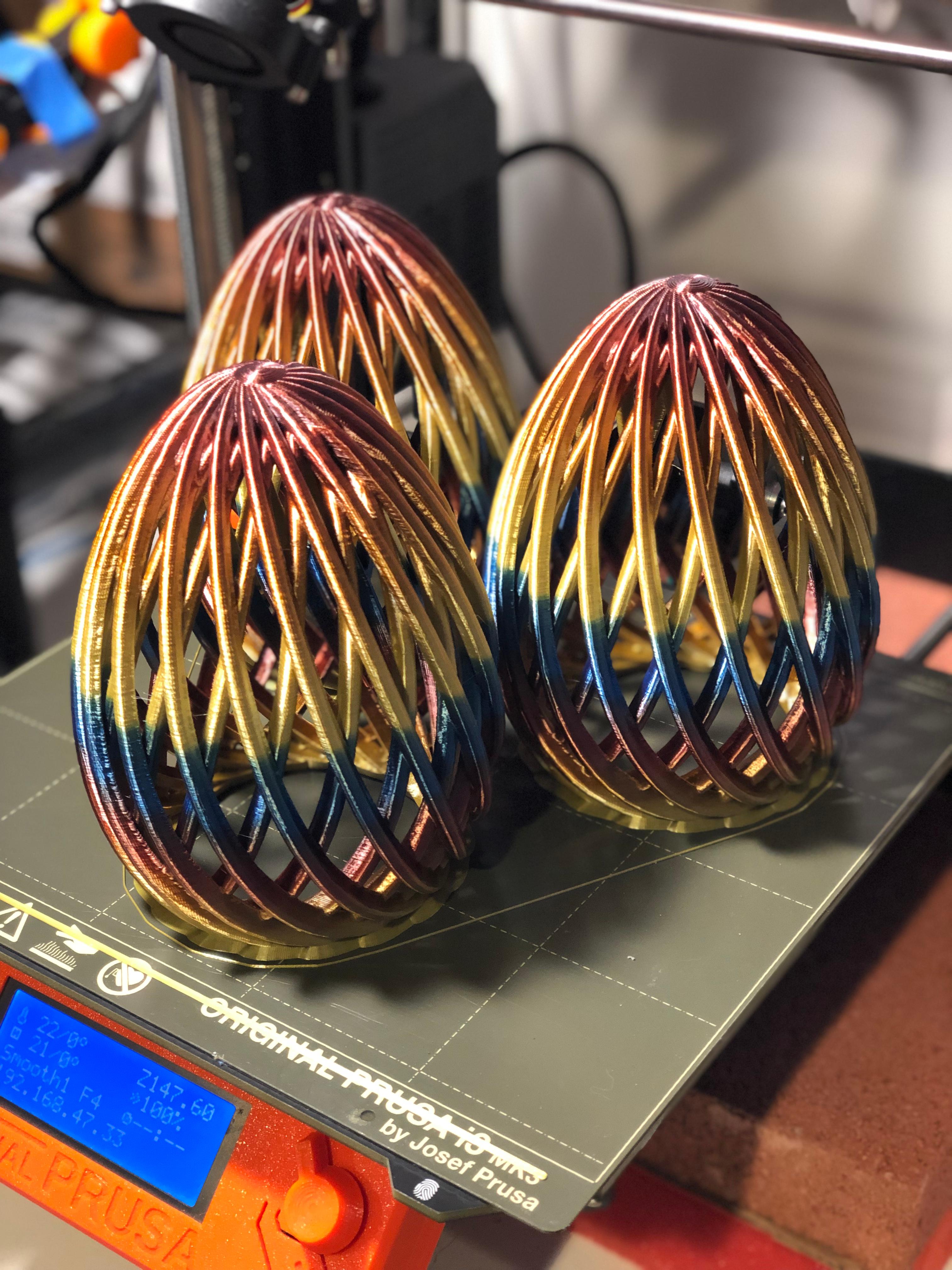 Spiral (Easter) Egg Box - Easy Print, No Supports - Three eggs printed for Easter surprise in Rainbow Silk filament on MK3S, 0.4mm nozzle, 0.15mm layers, 3perimeters and a small brim...61hours later...

Thanks for a great model. - 3d model