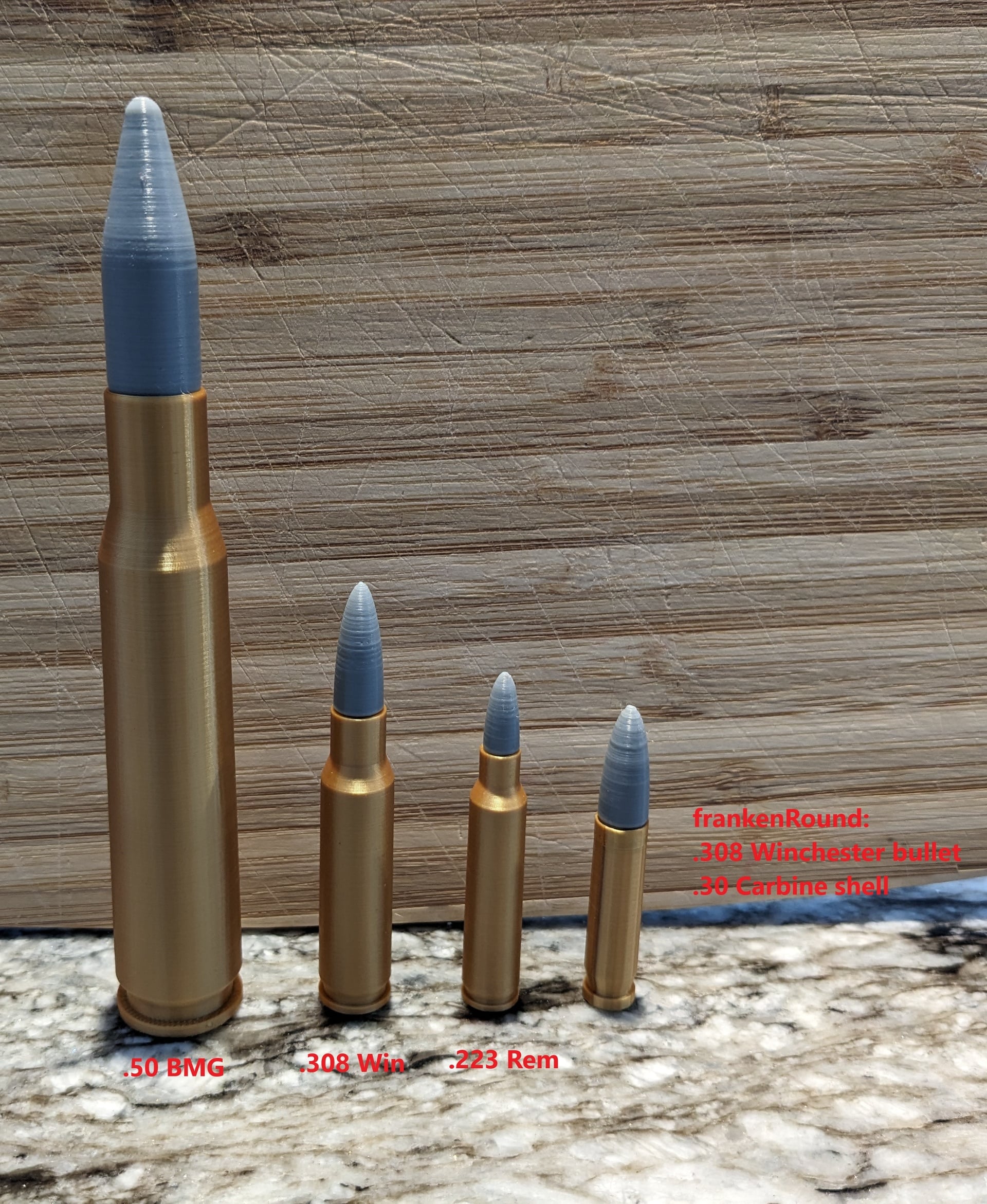I created a fictional round (pictured far right) which fits the Victorian gun perfectly with minor filing of the barrel. It pairs the more modern .308 Winchester bullet with the older straight-sided .30 Carbine case, used in the M1 Carbine. It would be very destructive at short range, a great match for a pistol such as the Victorian.