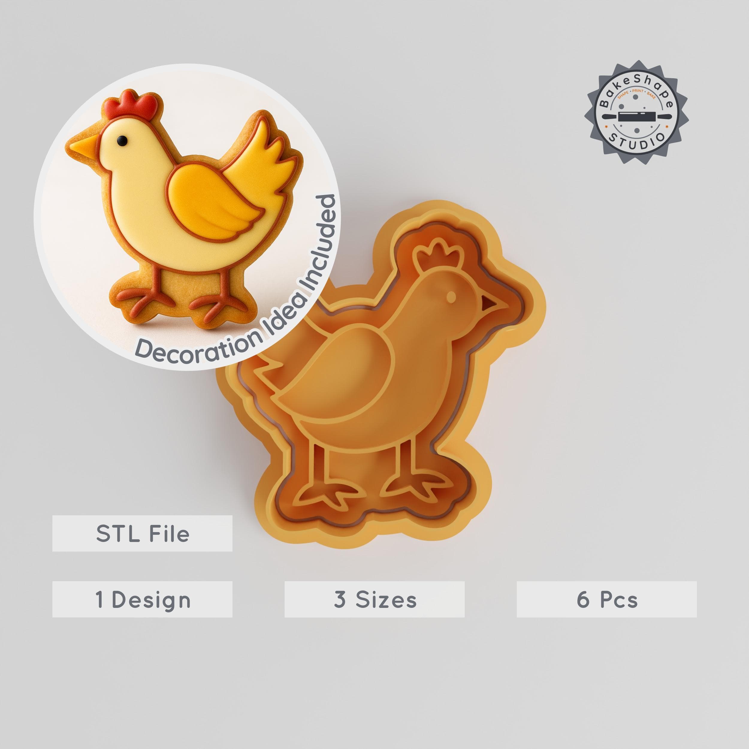 Hen Shape Cutter & Stamp, Cookie & Fondant, 3 Sizes S/M/L, Barnyard & Easter Theme, Poultry Hen STL Set PRODUCT_484 3d model