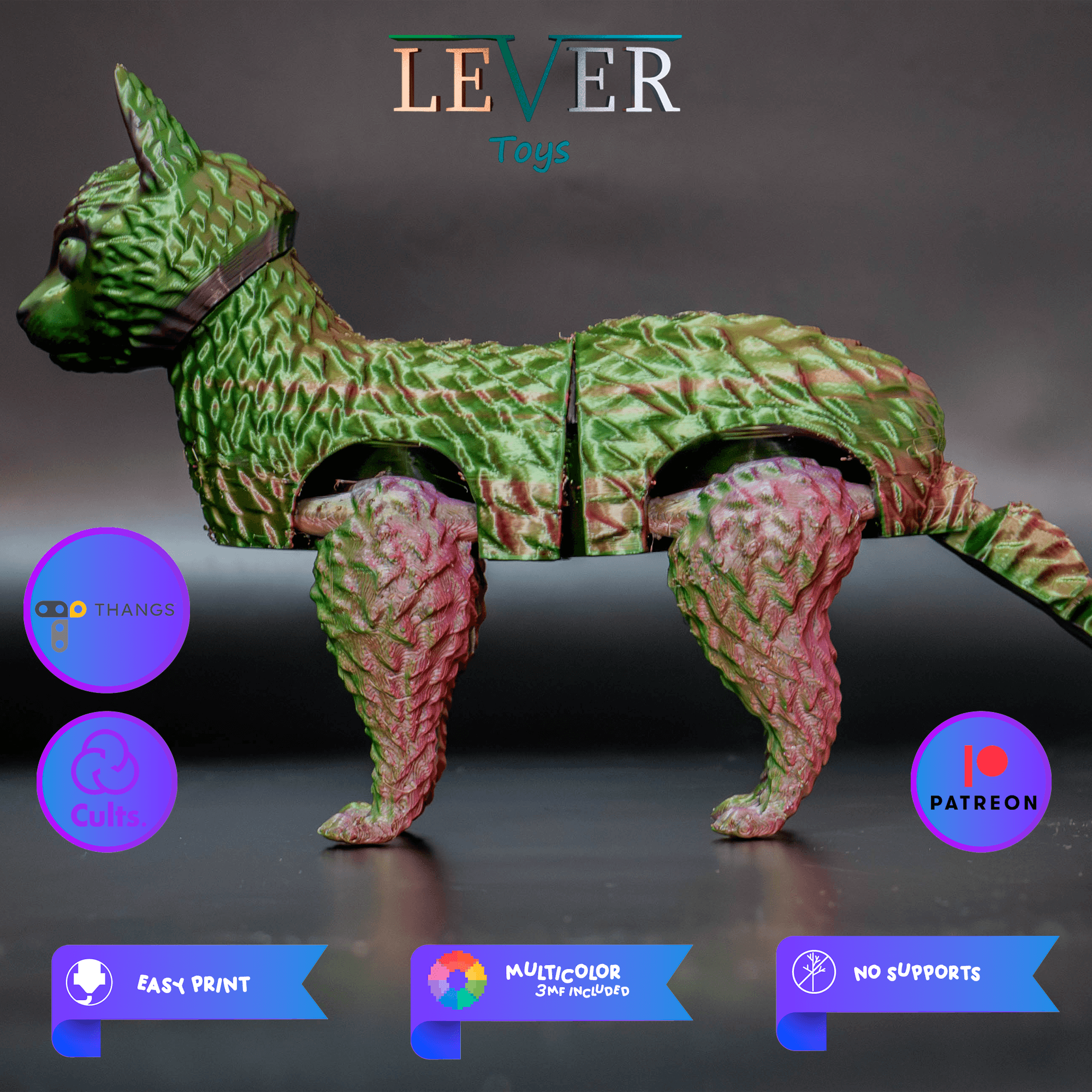 CUTE CAT (ARTICULATED) MULTICOLOR PRINT-IN-PLACE LEVER TOYS 3d model