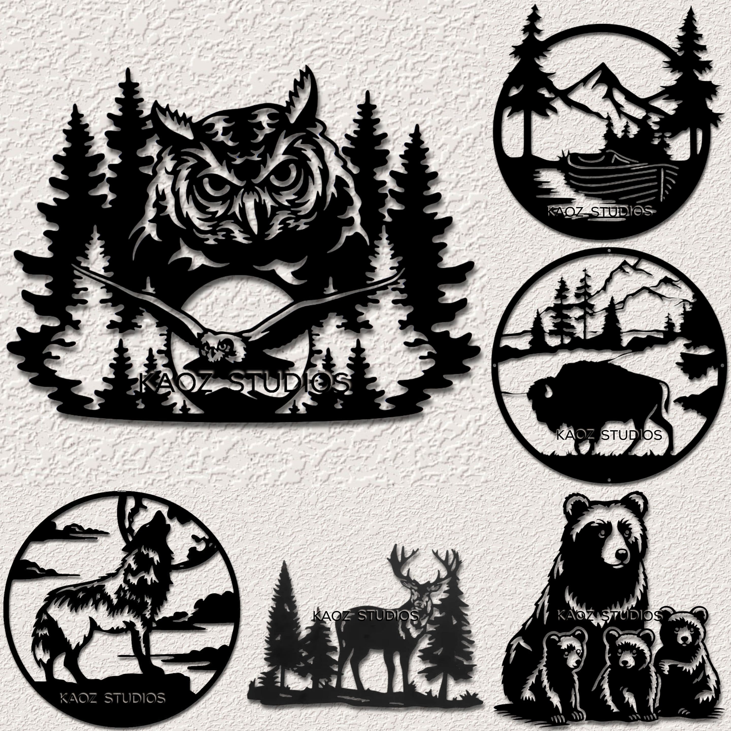 6 pack mountain scenery wall art bear wolf bison owl cabin deer wall decor woodland 3d model