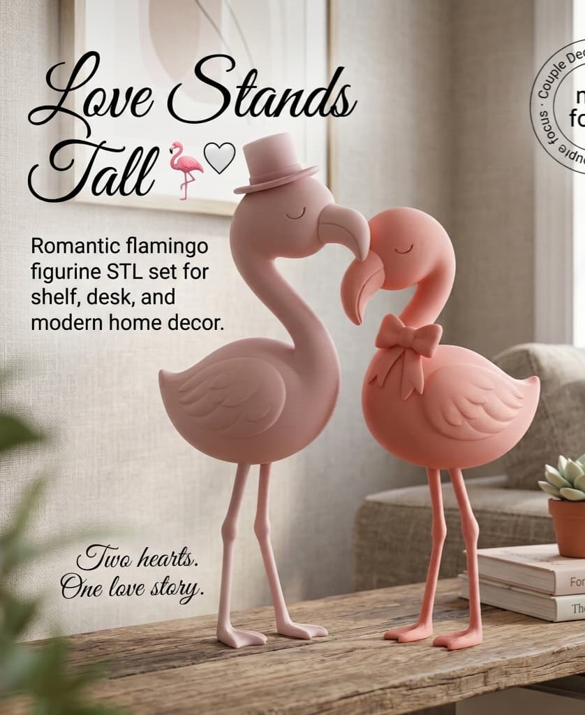 Romantic Flamingo Couple Figurines – Pair of Love with Hat and Bow, Anniversary Gift, Home Decor 3d model