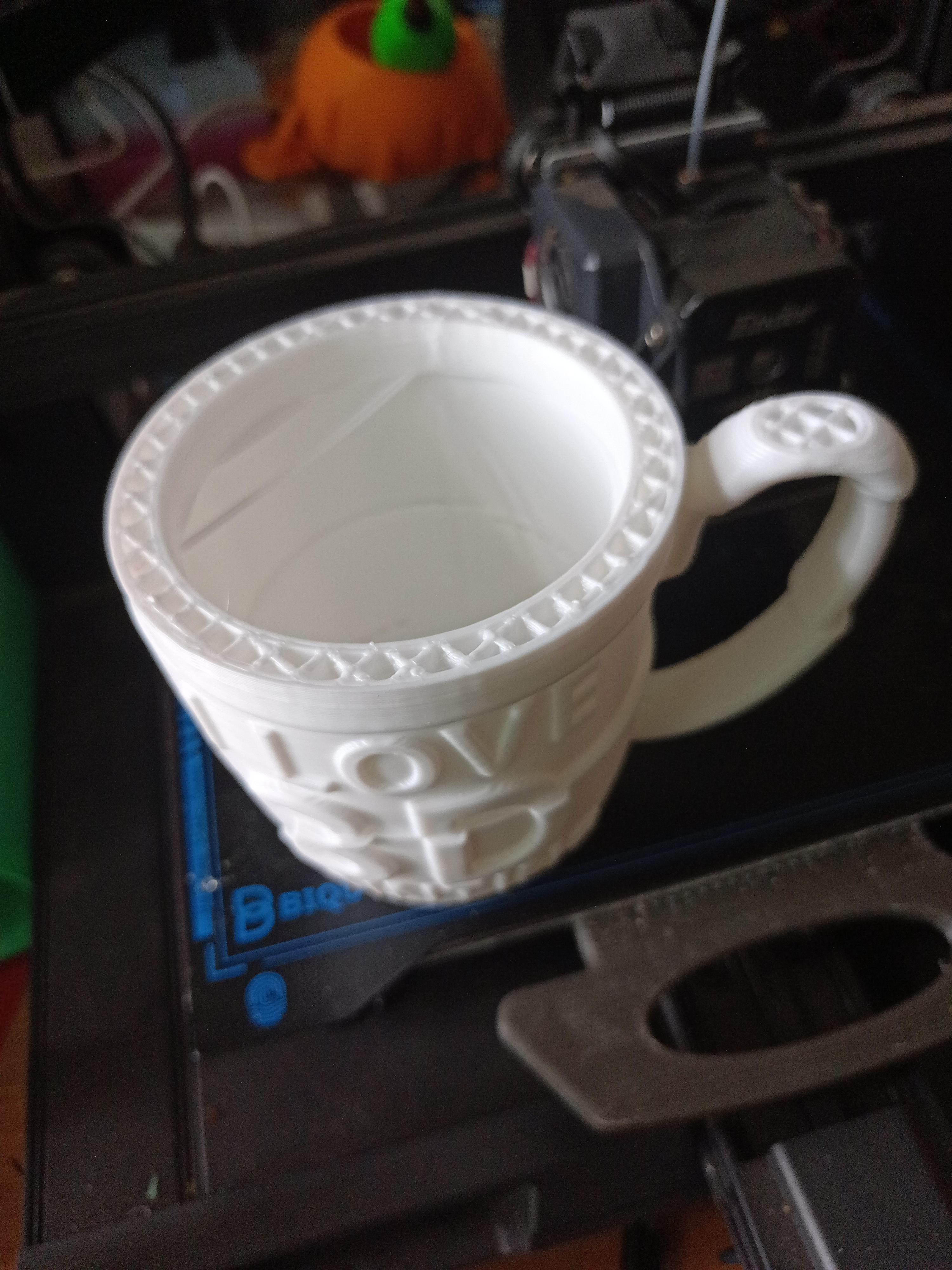 I Love 3D Printing Gag Gift Mug - 2nd attempt
Ender 3 S1, 0.4mm hardened nozzle
Layer height 0.4mm
No support  - 3d model