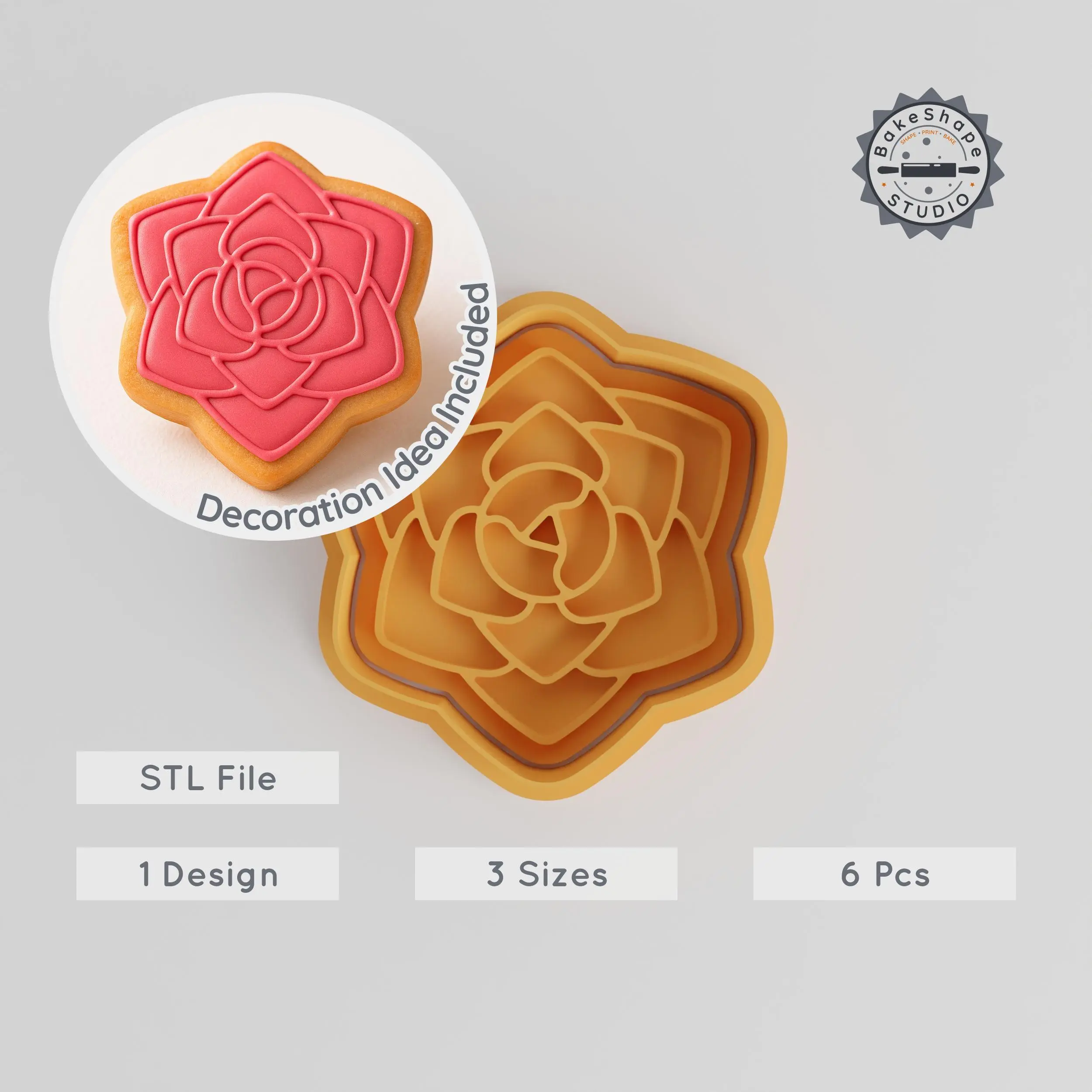 Rose Shape Cutter & Stamp Set, Cookie & Fondant Garden Bloom Design, S/M/L Sizes, Floral Baking Tool Collection PRODUCT_394 3d model