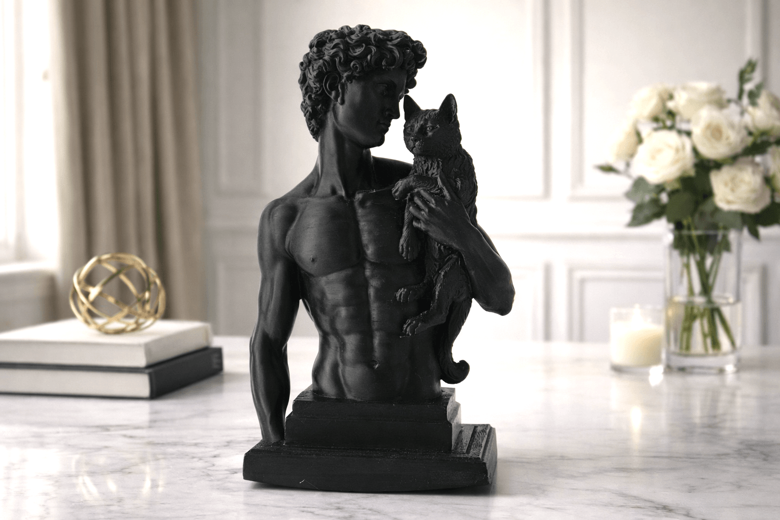 David with a Cat Sculpture – Funny Classical Bust 3d model