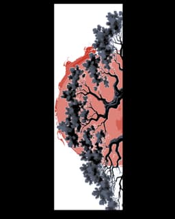 A set of bookmarks of the tree of life set against a blood red sun 3d model