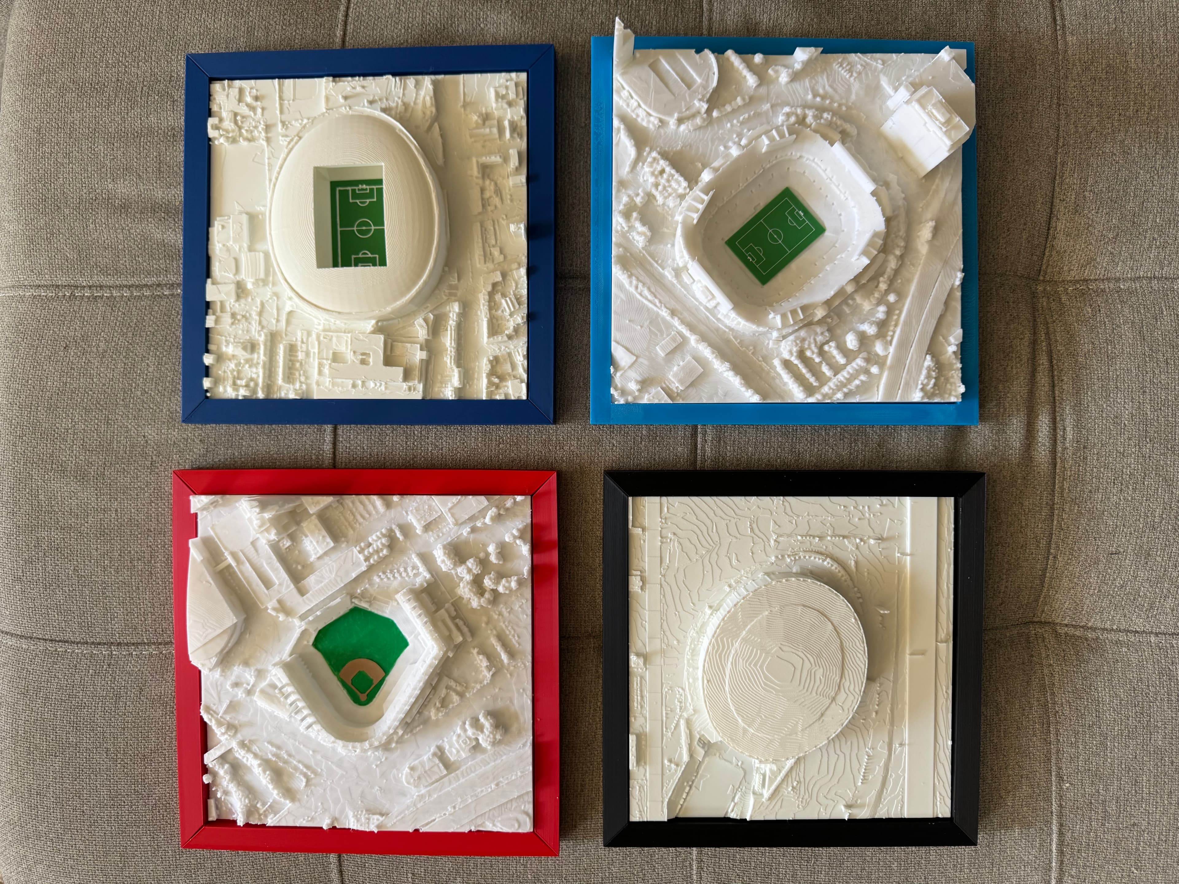 Tottenham Hotspur Stadium (top left) Bank of America Stadium (top right) Progressive Field (bottom left) Allegint Stadium (bottom right). These snap together frames print super fast, assemble really well and look terrific! 3 of the 4 are snap together frames. Bank of America is the traditional frame.