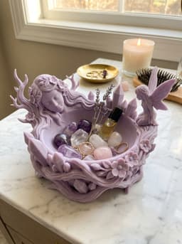 Ethereal Amethyst Maiden Crystal Dish – Whimsical Fairy Spirit & Floral Moonstone Catchall Bowl 3d model