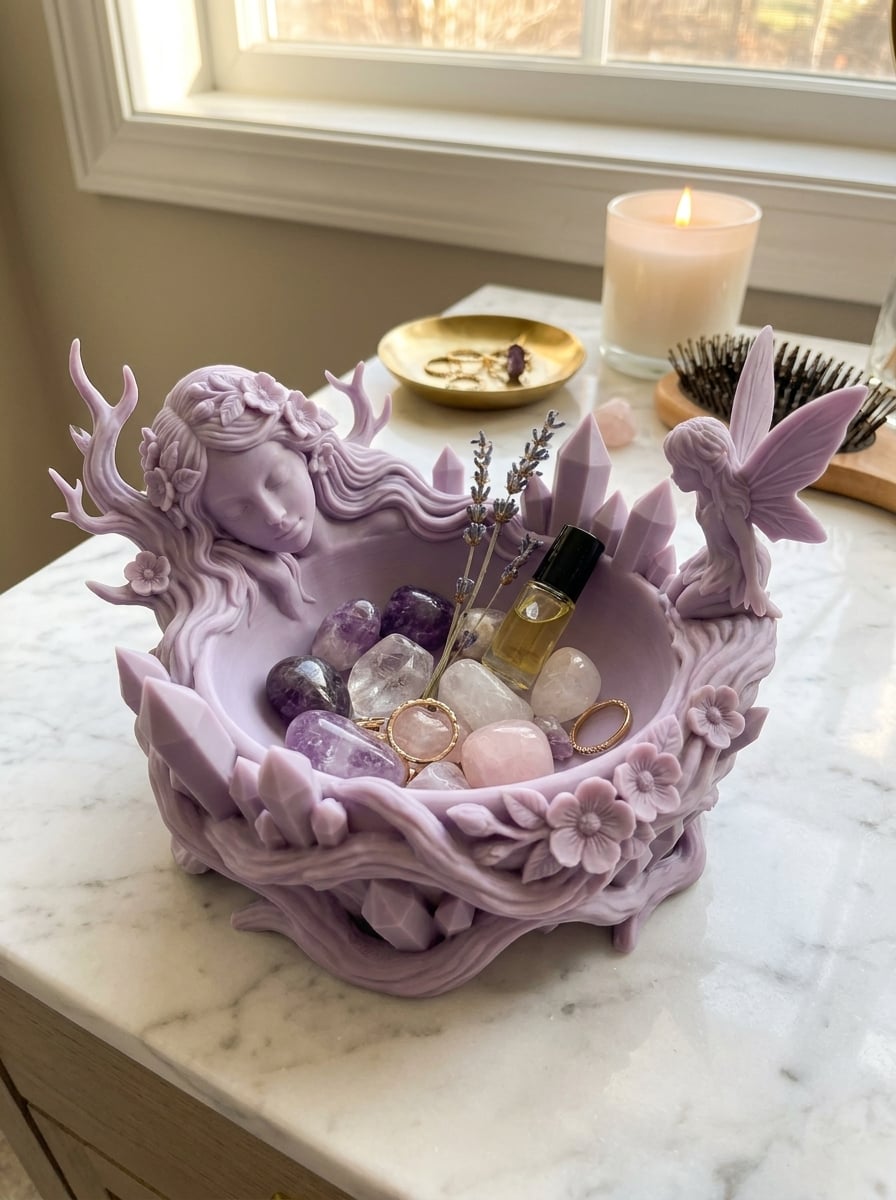 Ethereal Amethyst Maiden Crystal Dish – Whimsical Fairy Spirit & Floral Moonstone Catchall Bowl 3d model