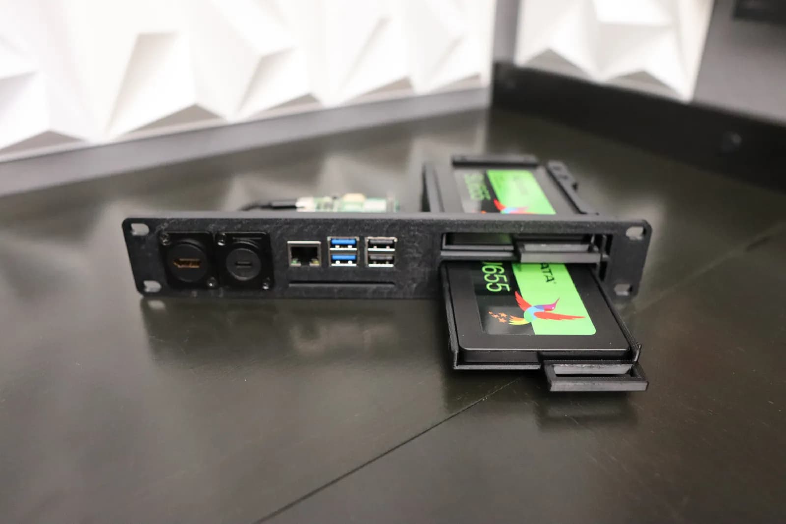Raspberry Pi5 NAS 10-inch server rack plate, 2 hot swap SSD units, HDMI and power connectors 3d model