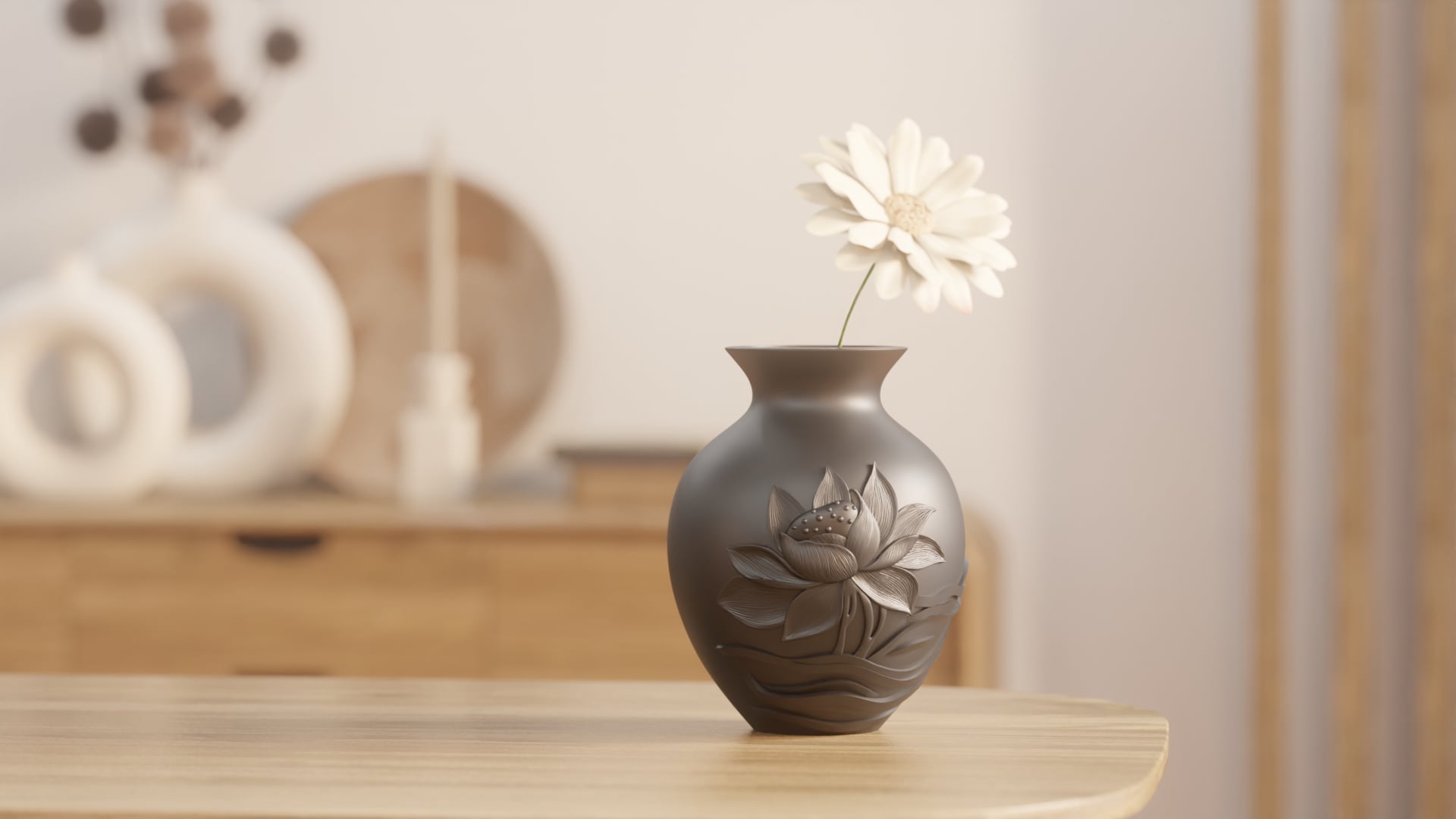 Black Lotus Vase – Elegant Decor with Carved Floral Relief 3d model
