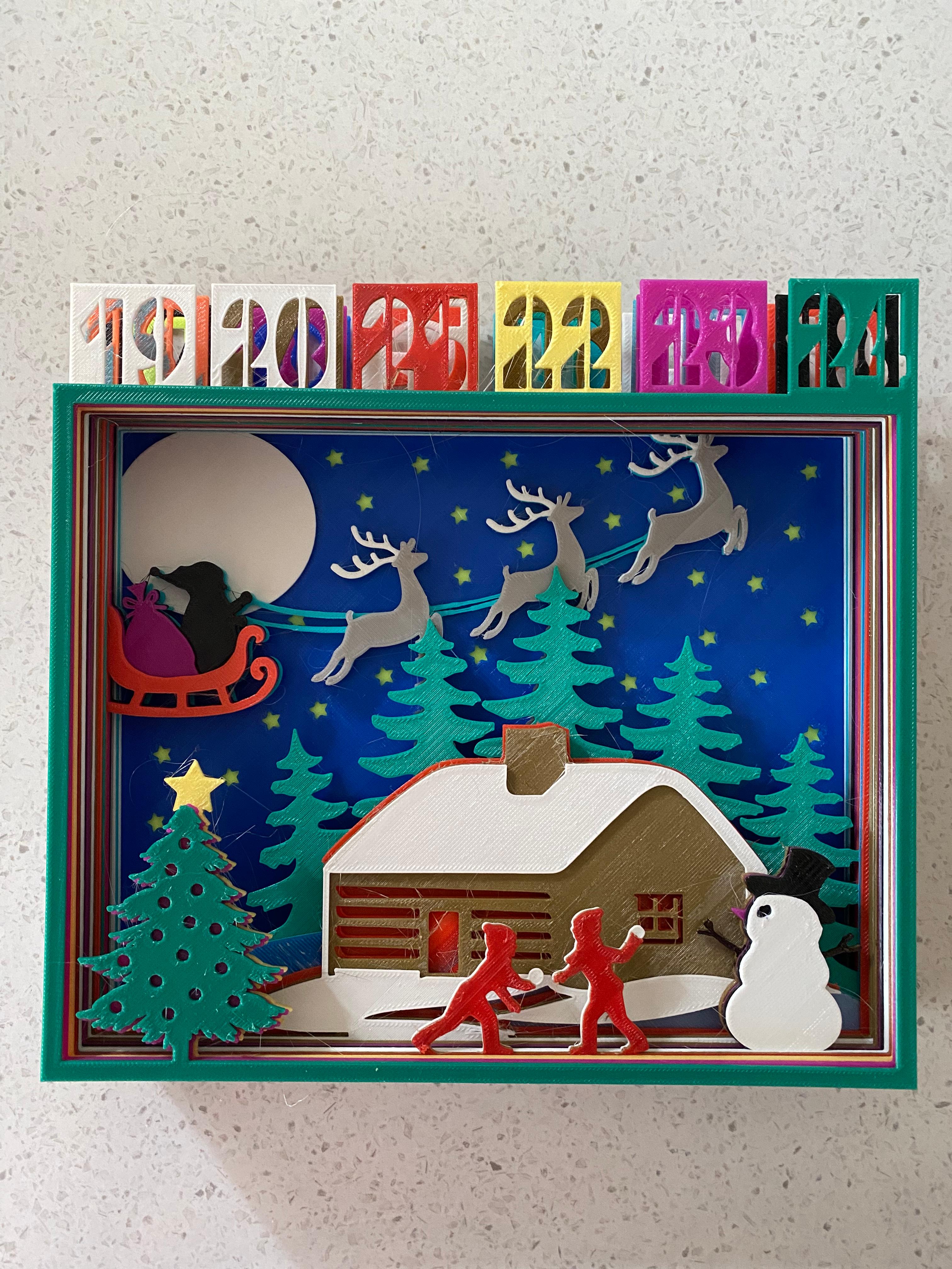 Christmas Scene Silhouette Advent Calendar - Just the frame now  I found one wall work well and set the top and bottoms to 3  layers just to cut out the infill . This is so the inserts are smooth .   - 3d model
