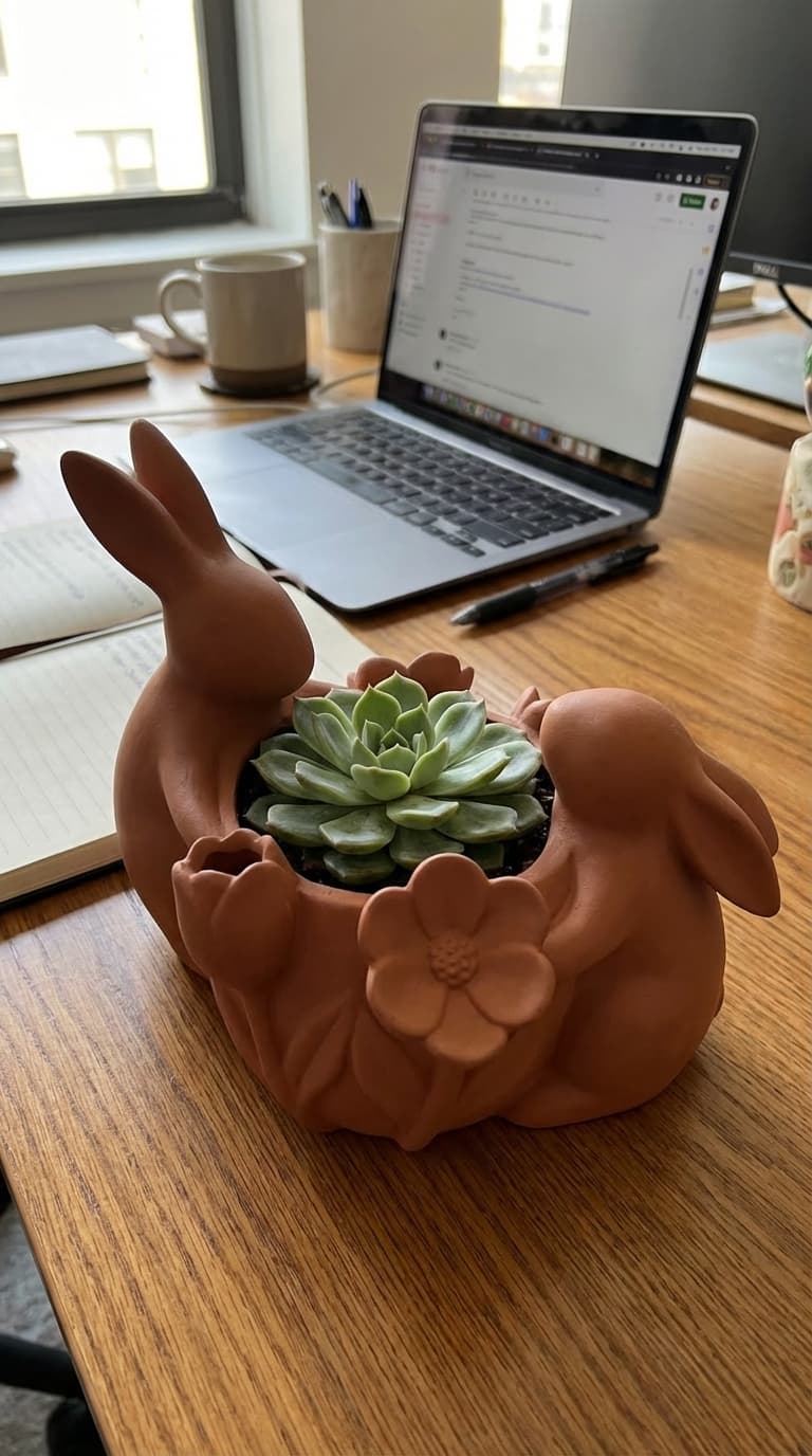 Whimsical Spring Bunny & Flora Succulent Planter - Sculptural Home Decor 3d model