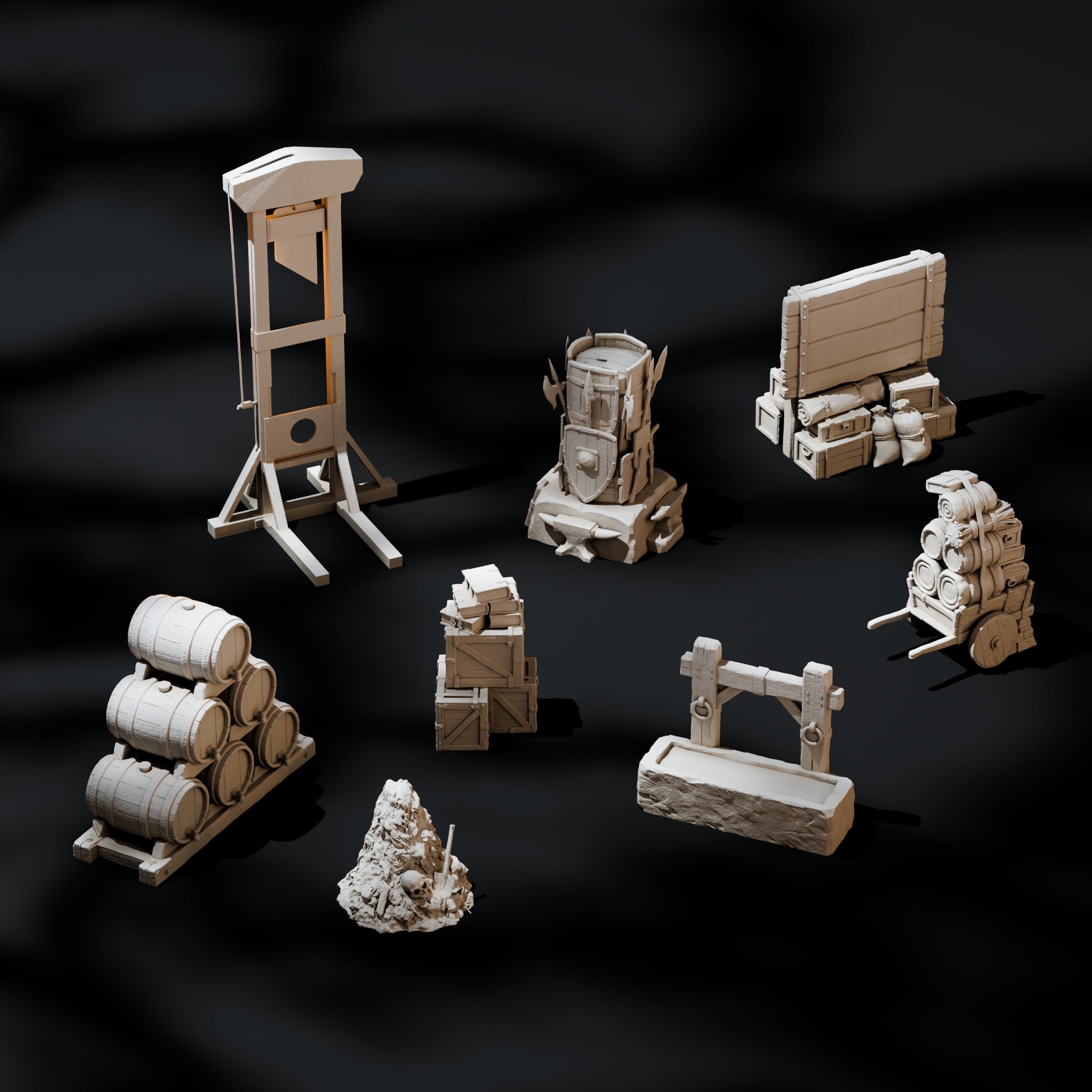Grimdark Town Square Scatter Terrain | 28mm/32mm Heroic 3d model