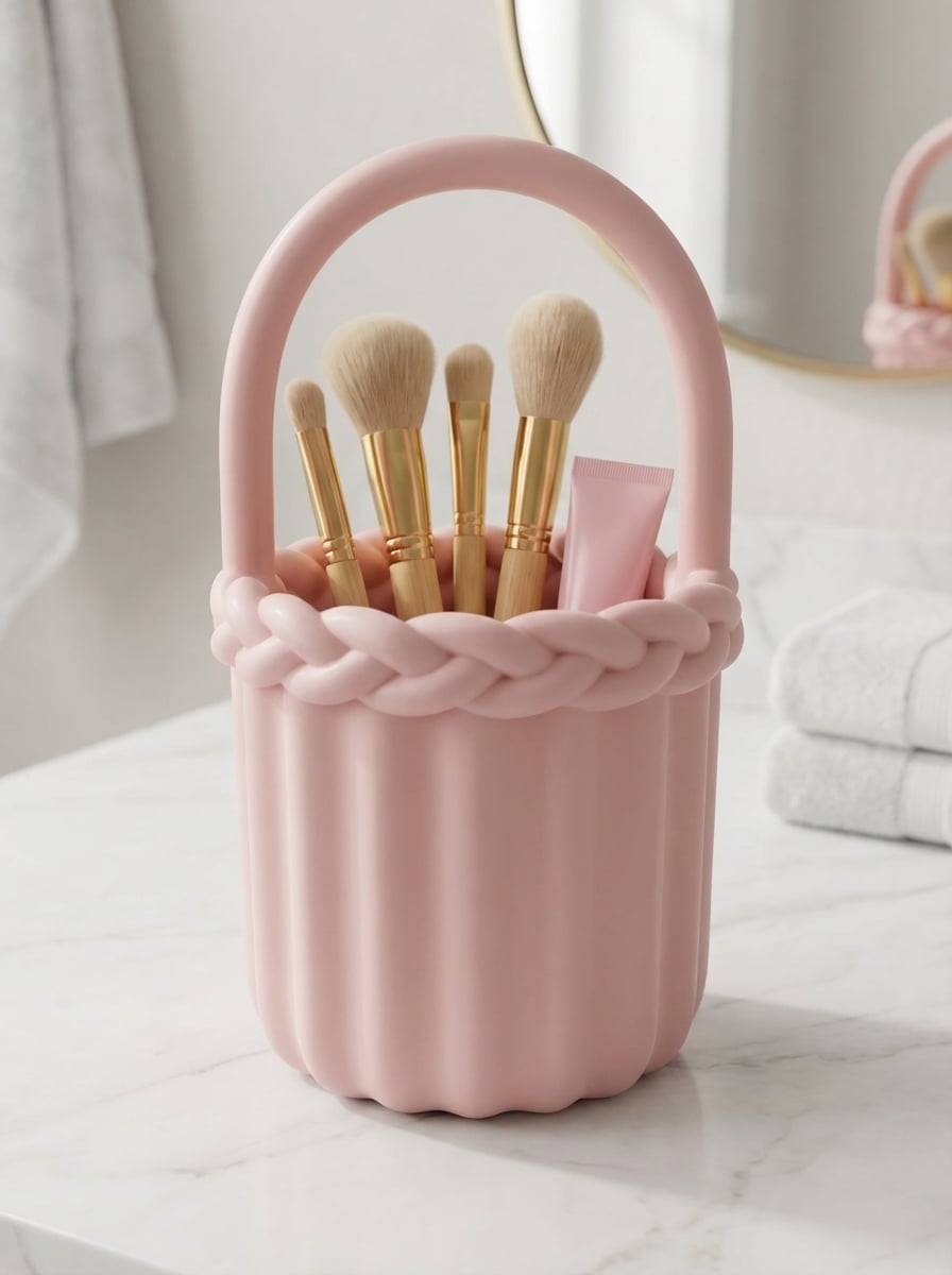 Coquette Braided Handle Vanity Basket – Aesthetic Makeup Brush & Skincare Organizer 3d model