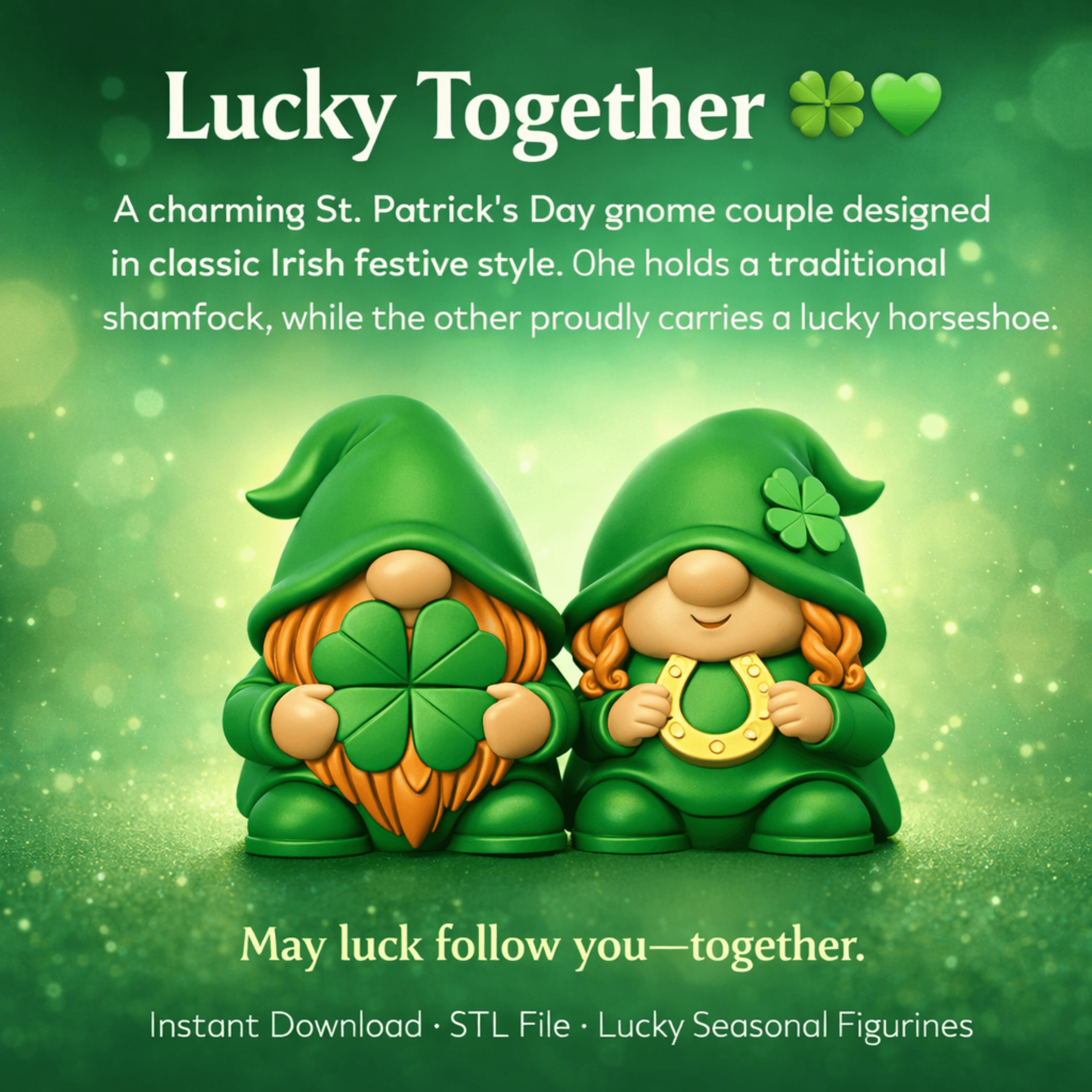 St. Patrick’s Day Gnome Couple STL File – Irish Lucky Pair with Shamrock and Horseshoe 3d model