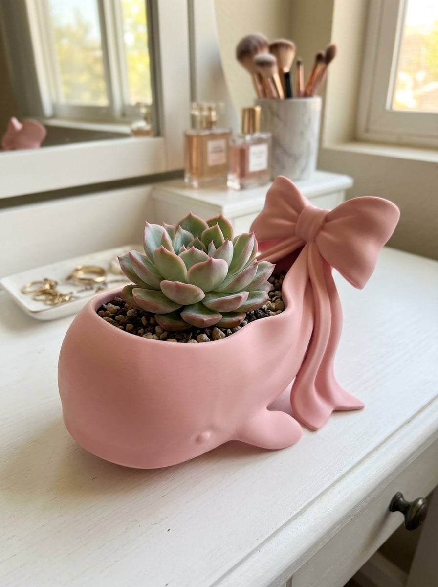 Coquette Whale Succulent Planter with Bow - Cute Kawaii Desk Accessory and Vanity Decor 3d model
