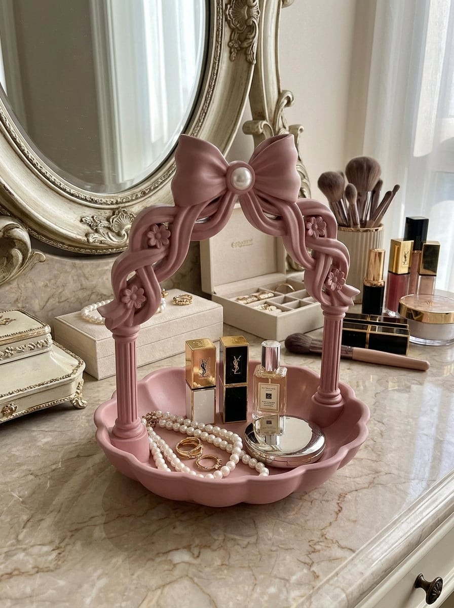 Coquette Bow Vanity Tray - Grandmillennial Scalloped Jewelry Organizer & Makeup Display 3d model