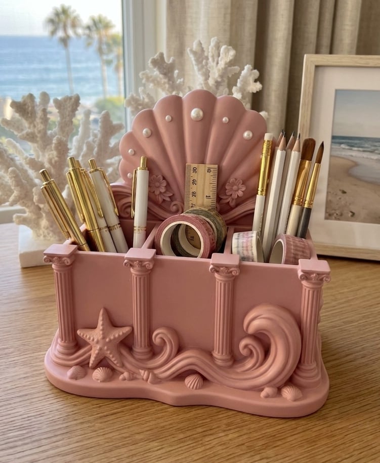 Coastal Venus Shell Desk Organizer – Grandmillennial Grecian Column Stationery Station 3d model