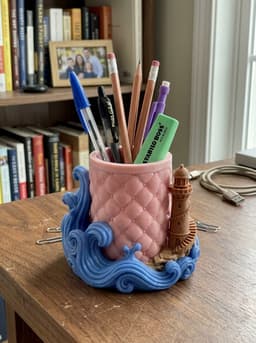 Lighthouse Ocean Wave Desk Pen Cup Pencil Holder 3d model