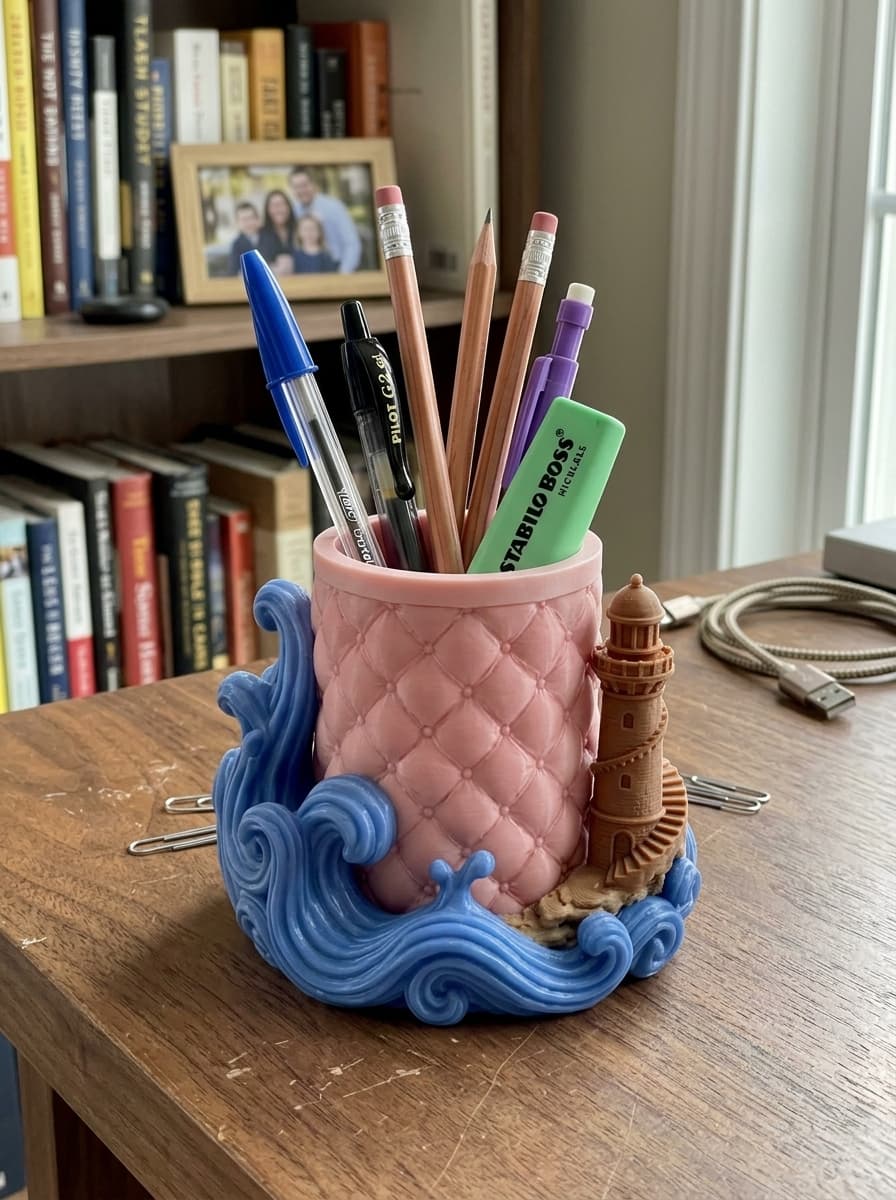 Lighthouse Ocean Wave Desk Pen Cup Pencil Holder 3d model