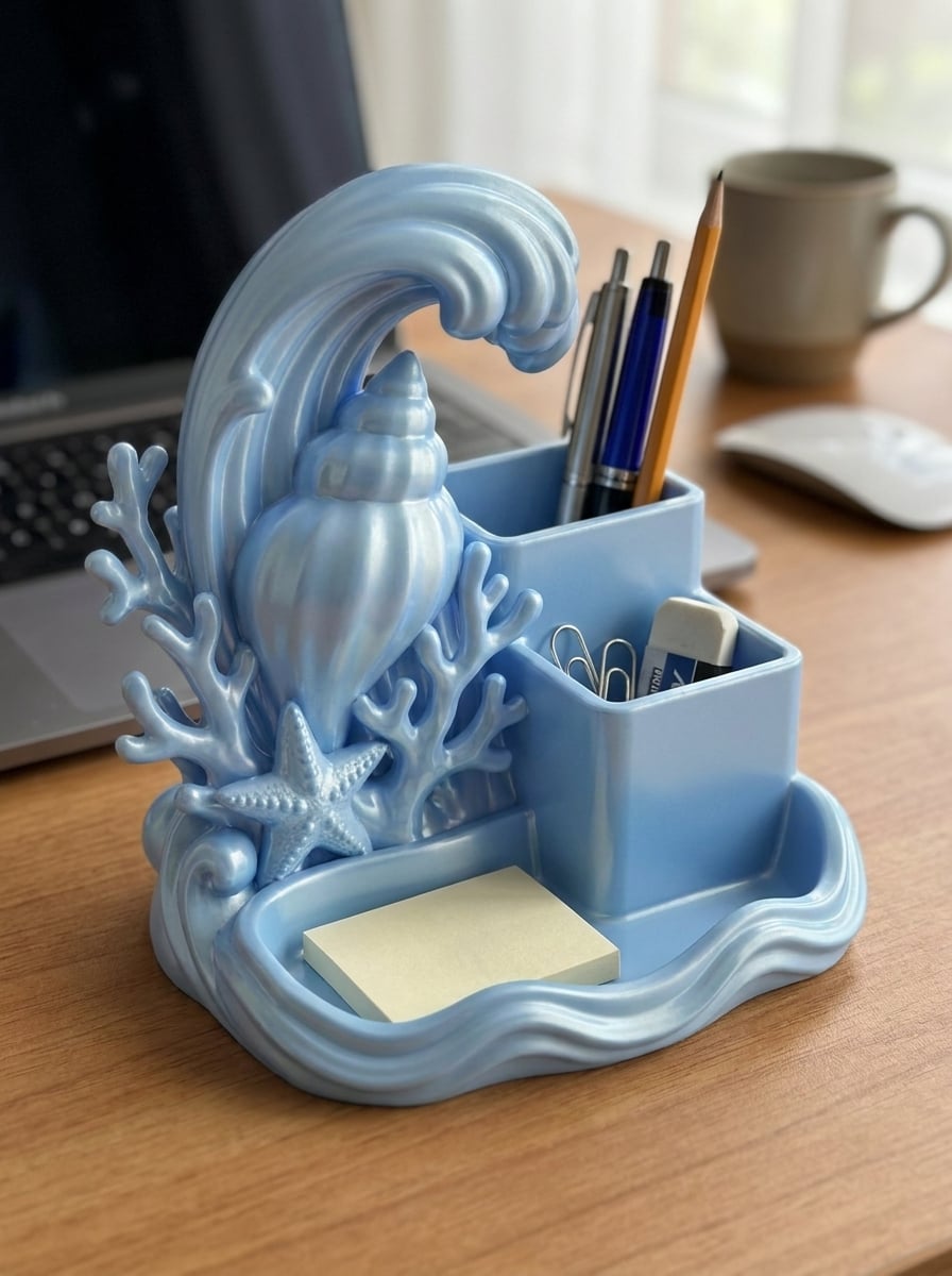 Ocean Crest Multi-Compartment Desk Organizer – Serene Wave & Seashell Stationery Station 3d model