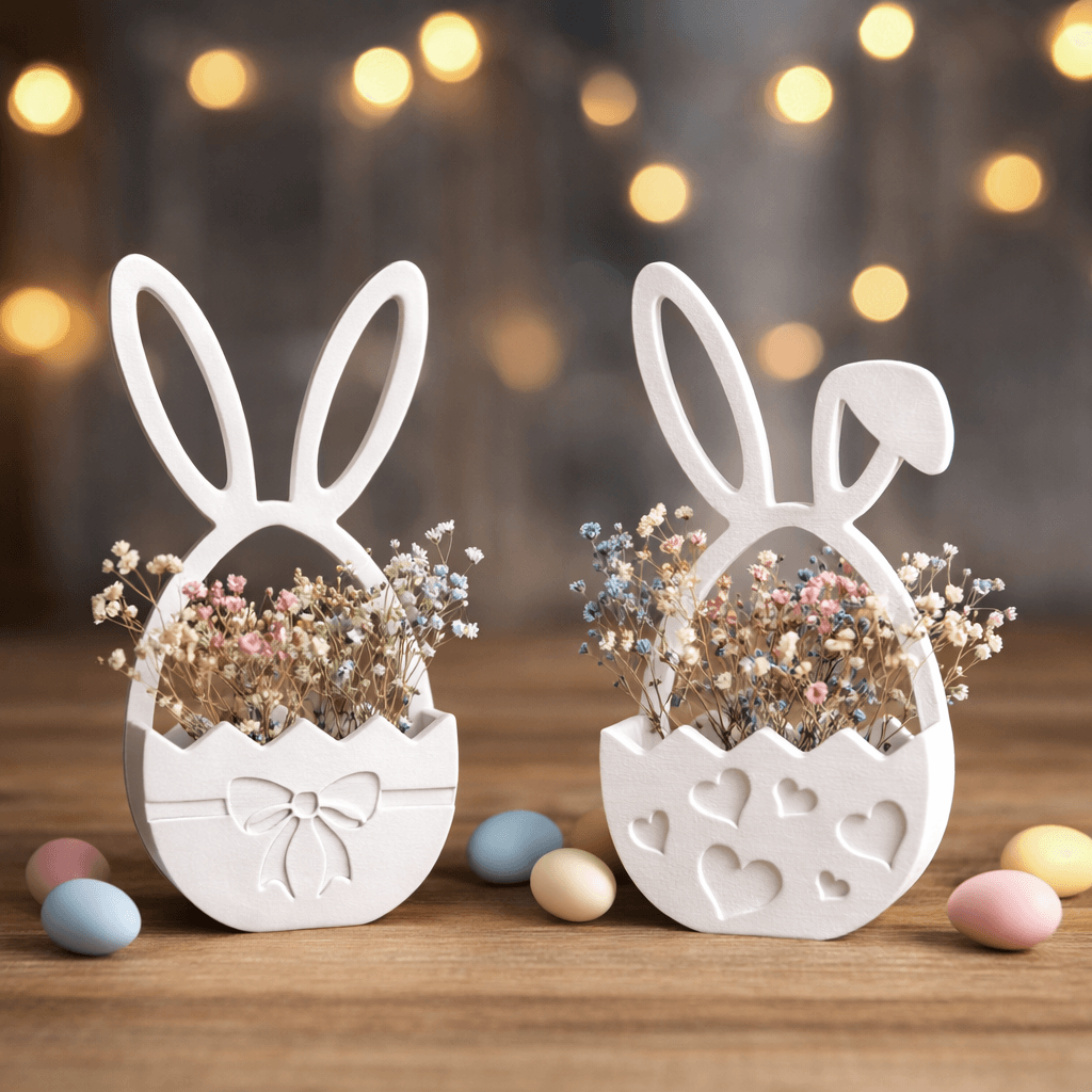 Easter Egg Basket Set | Bunny Ear Egg Holder Decor | Ribbon and Heart Pattern | 2 Piece Spring Bundl 3d model