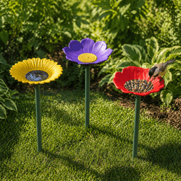 Flower Bird Feeder Set | Garden Stake Bee Bath - 3 Different Floral Stake Bundle 3d model