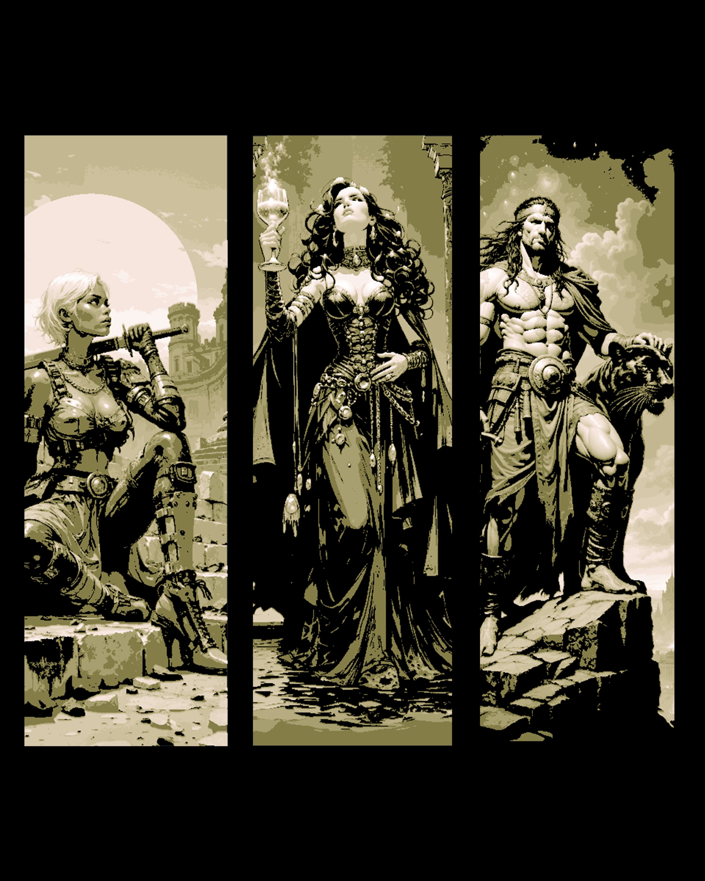 fantasy paintings of the heroes - sorceress, warrior and thief - set of bookmarks 3d model