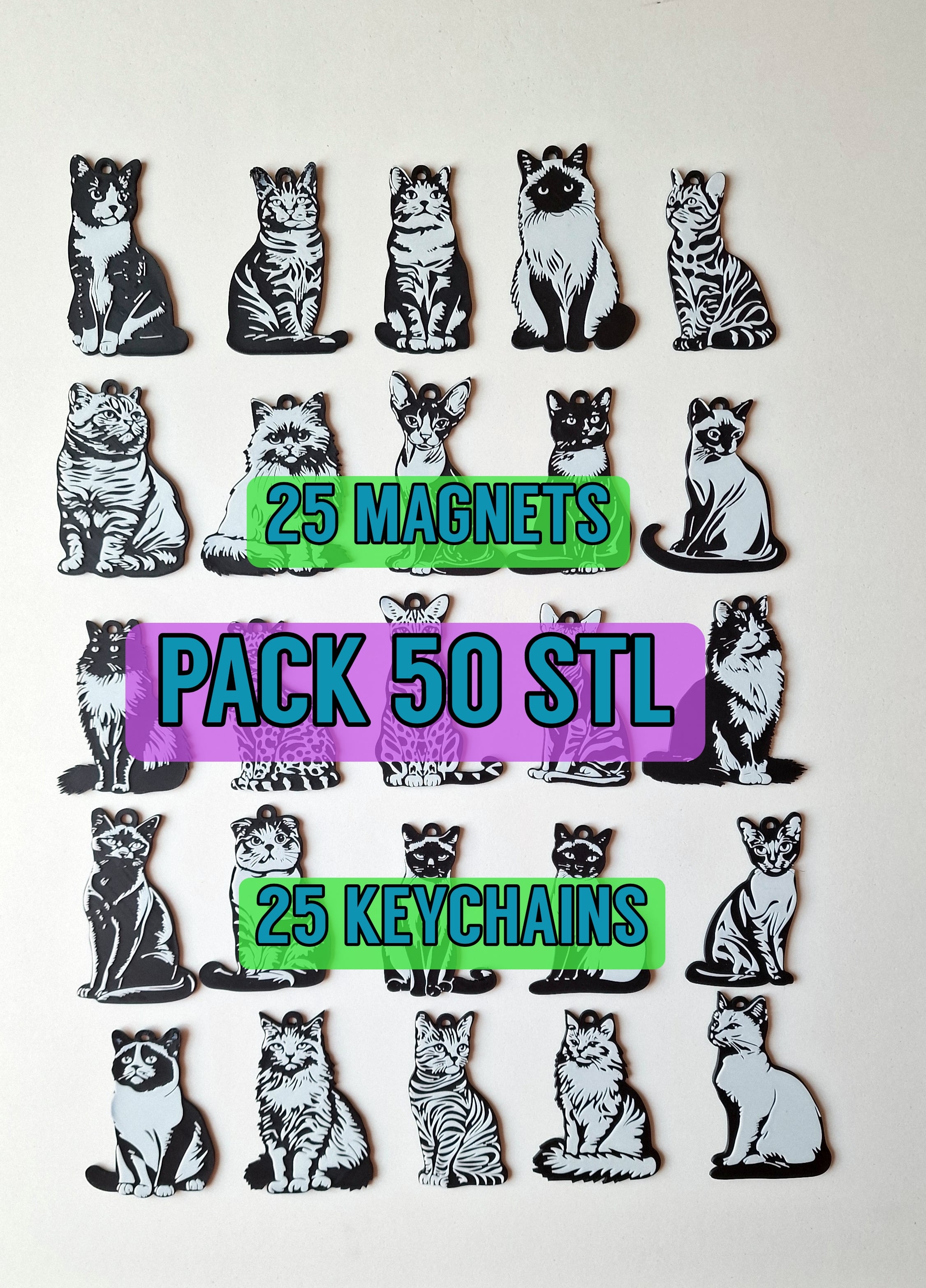 Pack 50 STL/3mf CATS kEYCHAINS+MAGNETS 3d model