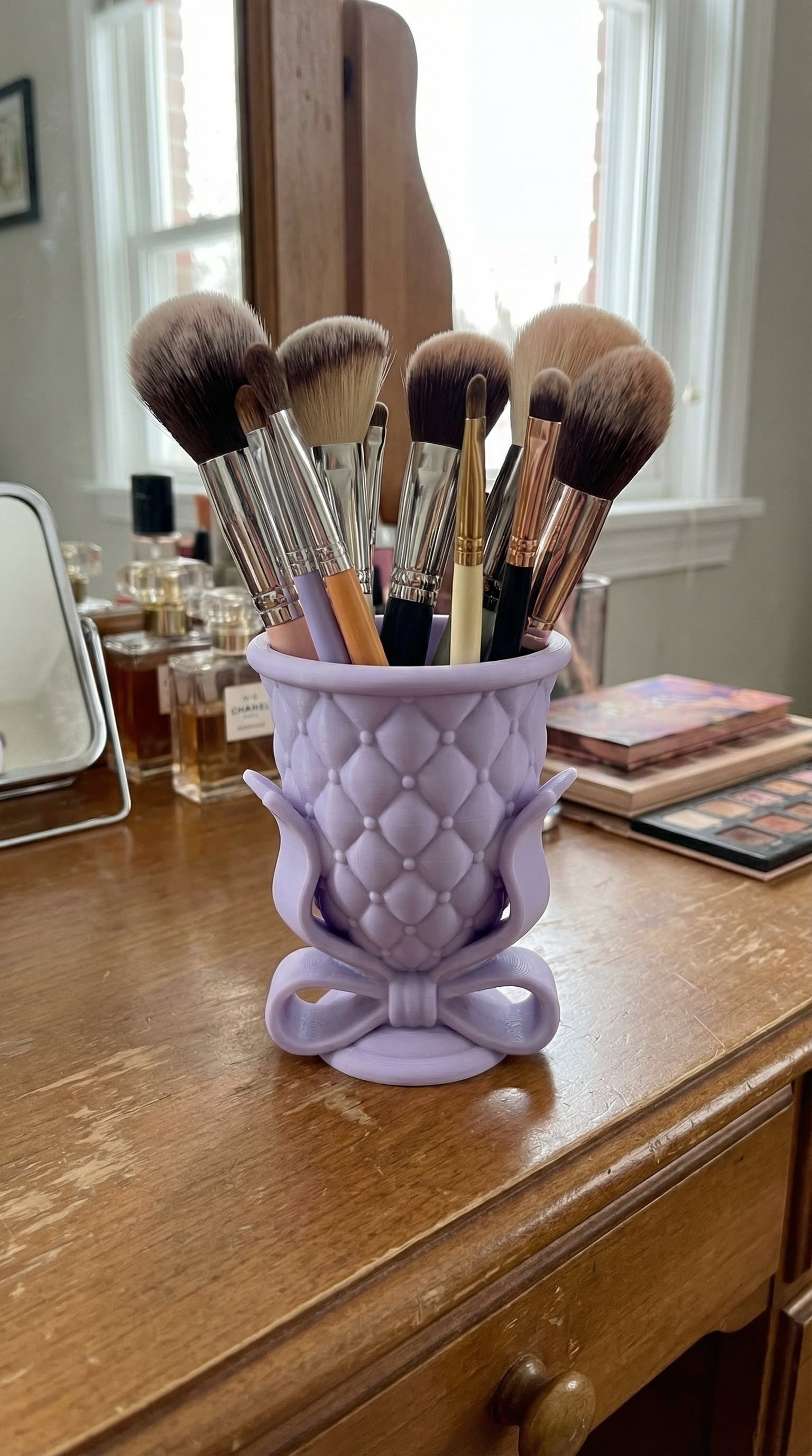 Coquette Quilted Makeup Brush Holder Vase | Bow Vanity Organizer Decor STL 3d model