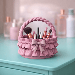 Ribbon Ruffle Basket | Bow Handle Decorative Storage Basket | Vanity Cosmetic Brush Holder 3d model
