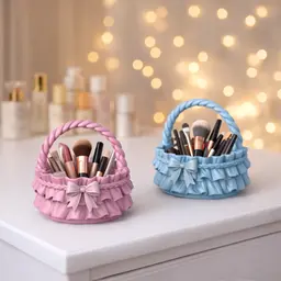 Ribbon Ruffle Basket | Bow Handle Decorative Storage Basket | Vanity Cosmetic Brush Holder 3d model