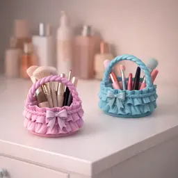 Ribbon Ruffle Basket | Bow Handle Decorative Storage Basket | Vanity Cosmetic Brush Holder 3d model