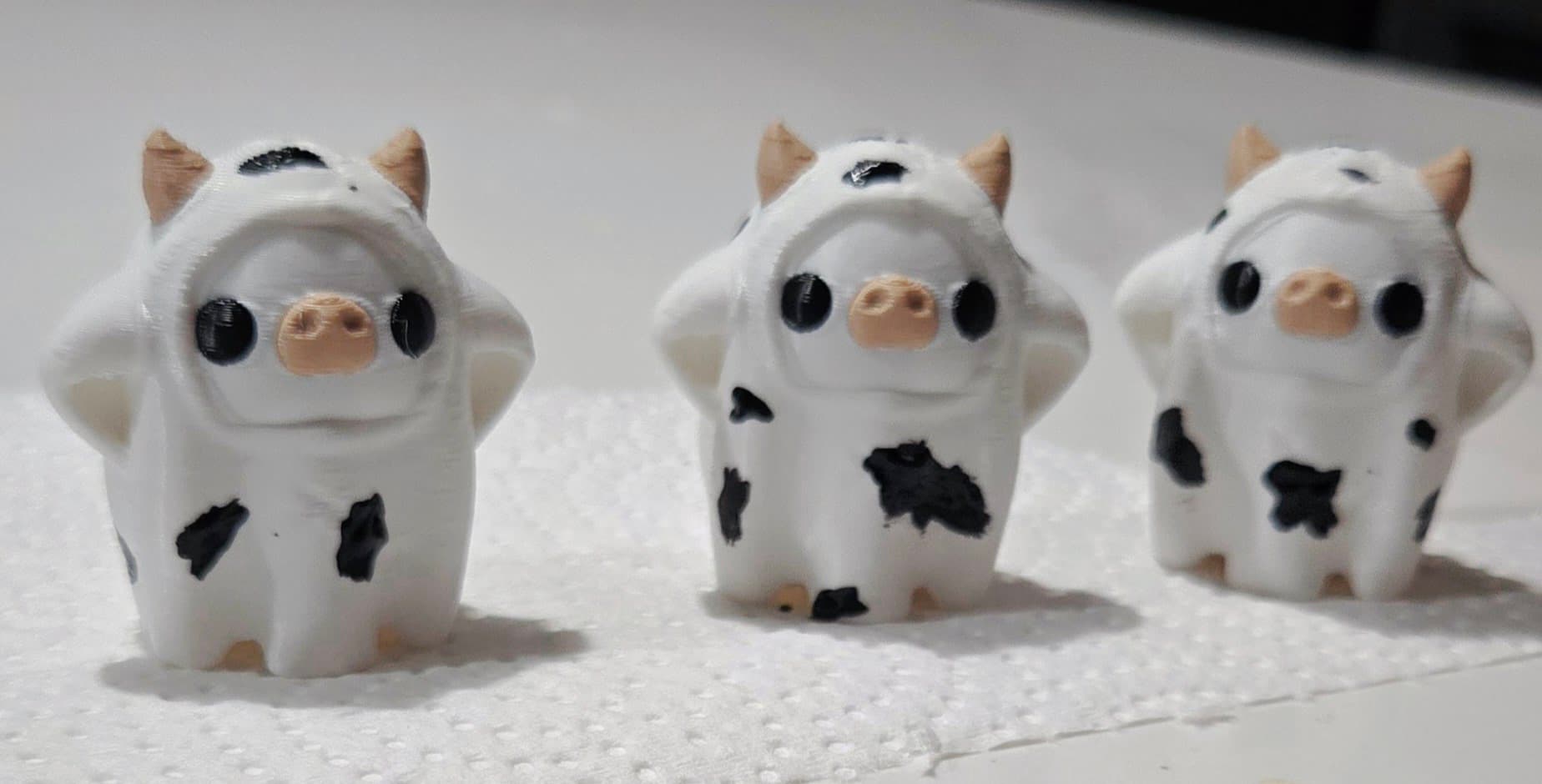 They came out perfect! I printed in 3 colors and just painted the spots on. 3 cows took less than 6 hours.