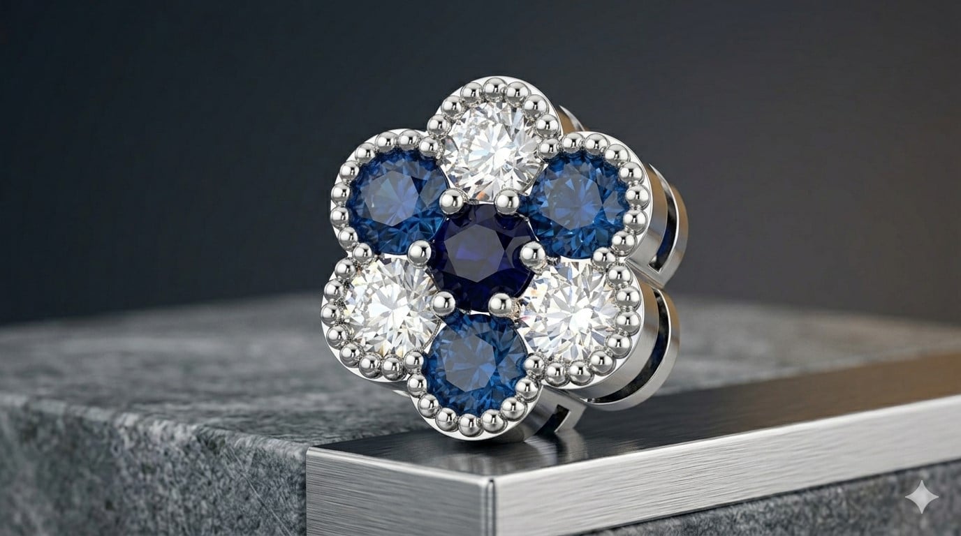 Premium Flower Earring with Sapphires & Diamonds 3d model