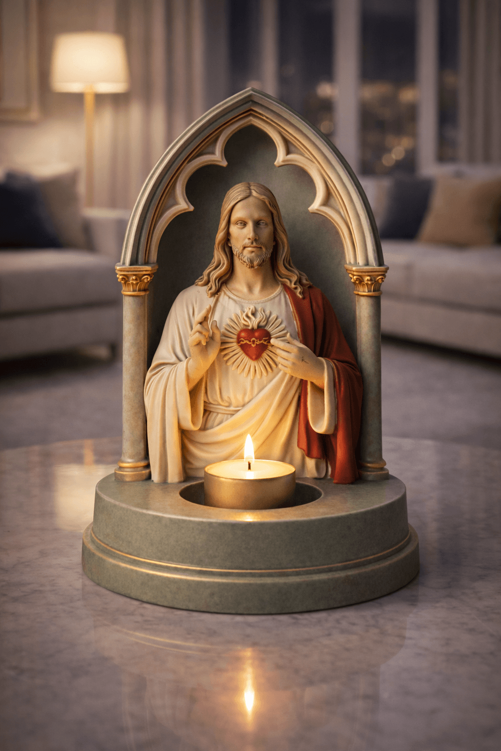 Sacred Heart Jesus Tealight Holder STL – Christian Prayer Candle Decor 3d model