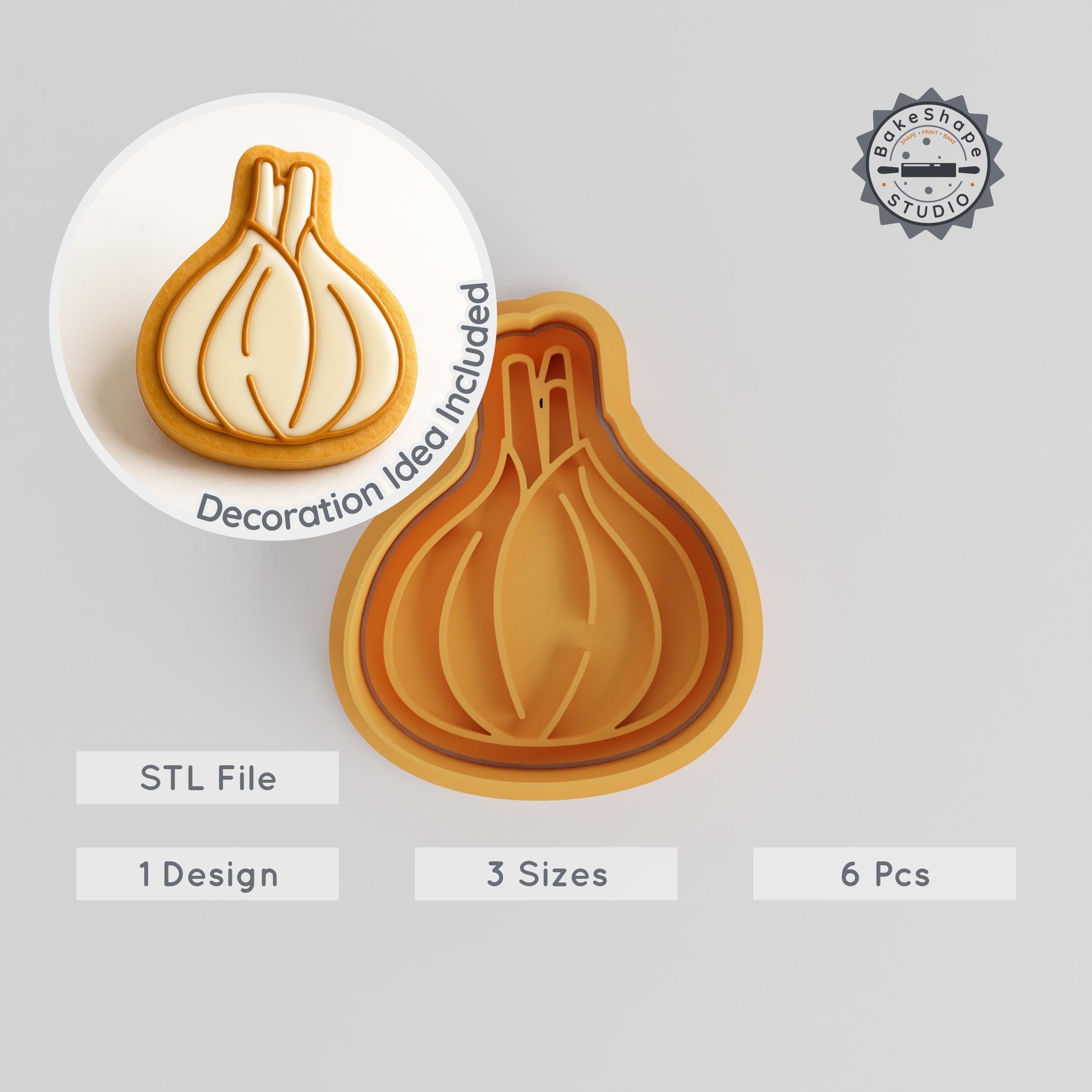 Garlic Shape Cutter & Stamp Set, 3 Size Cookie & Fondant Tool, Aromatic Bulb, Organic Veggie Design PRODUCT_1059 3d model