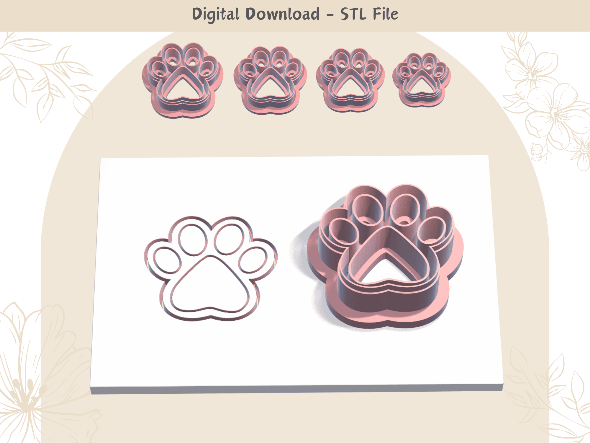 Dog Paw Clay Cutter for Polymer Clay | Digital STL File | Clay Tools | 4 Sizes Summer Clay Cutters, 3d model