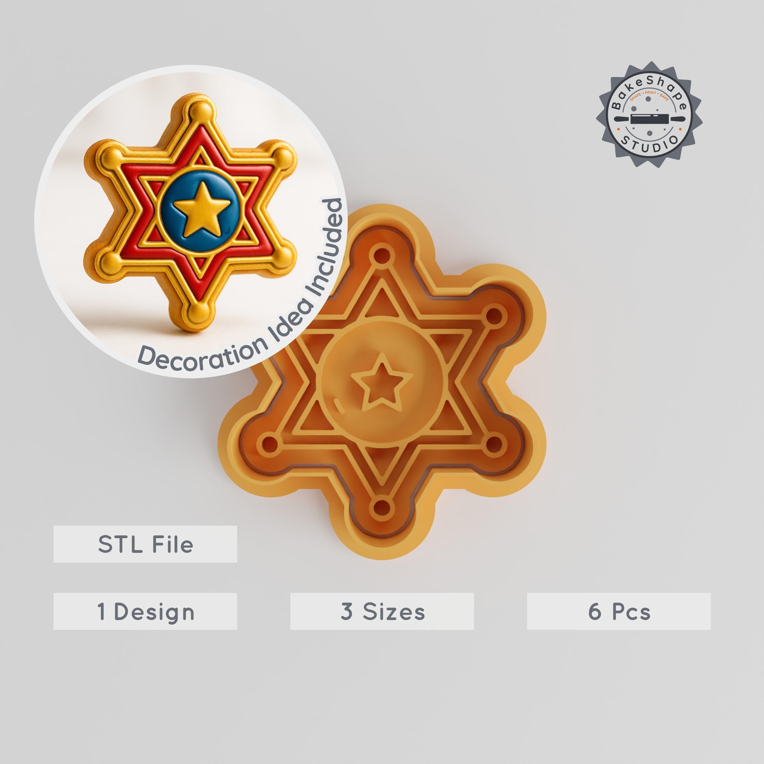 Sheriff Badge Cookie Cutter & Stamp Set, Western Authority Badge Designs, 6-Piece, Sizes S-M-L PRODUCT_2832 3d model