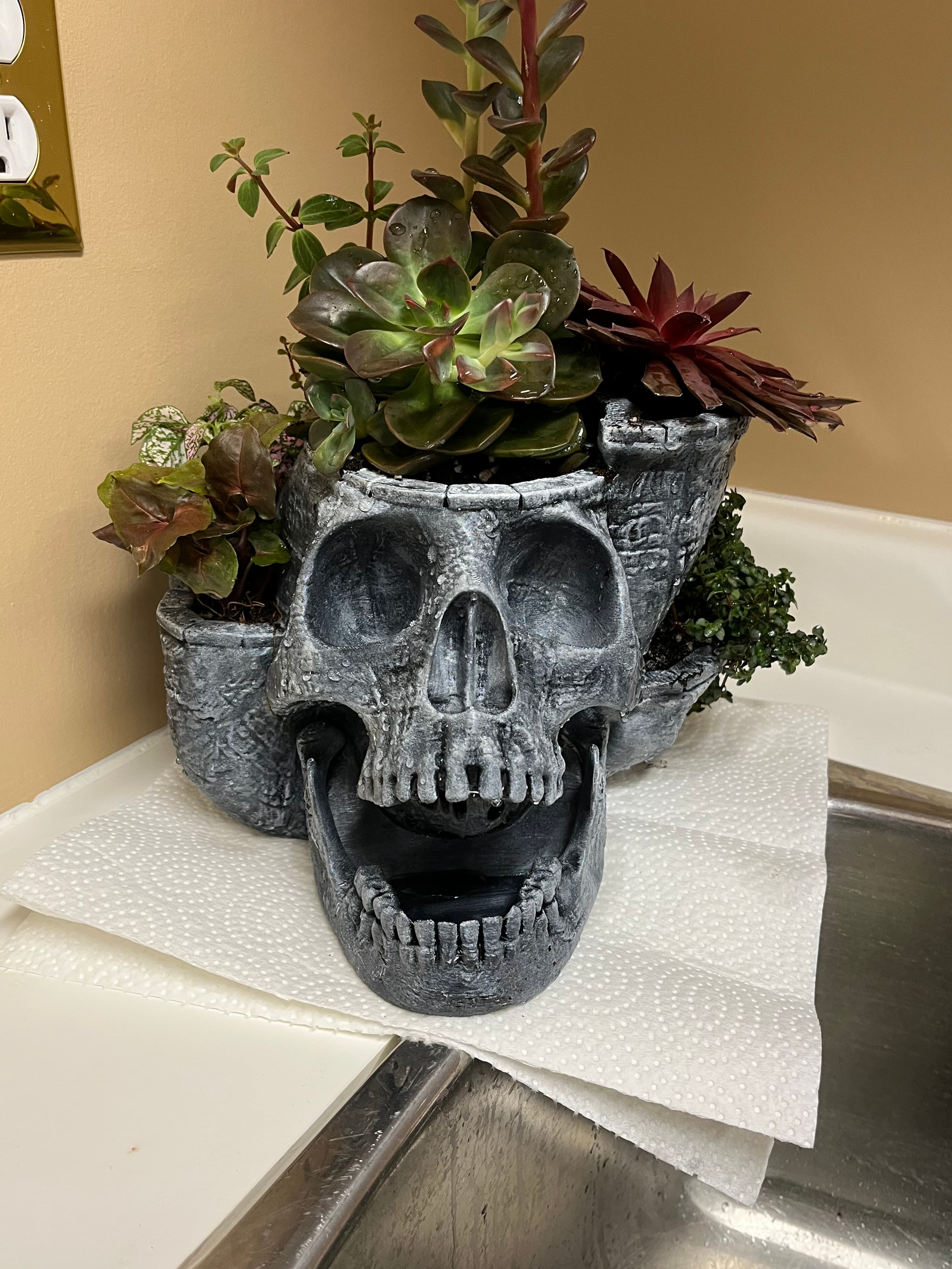 This is amazing!!! I was so happy with the print! I gave it to my aunt for her birthday and she was so happy.
When planted it started tipping over to the side where the 2 larger openings are if it was moved or the wind blew it. It wouldn't fall over completely, just tipped to the side probably due to the weight from the soil.
If possible, I would love to see a version where the 2 opening side has some more support to stop this for happening. I am excited to print it again!
Printed in black PETG, covered surface with Alchemy Metallique Wax in white, then clear coated.