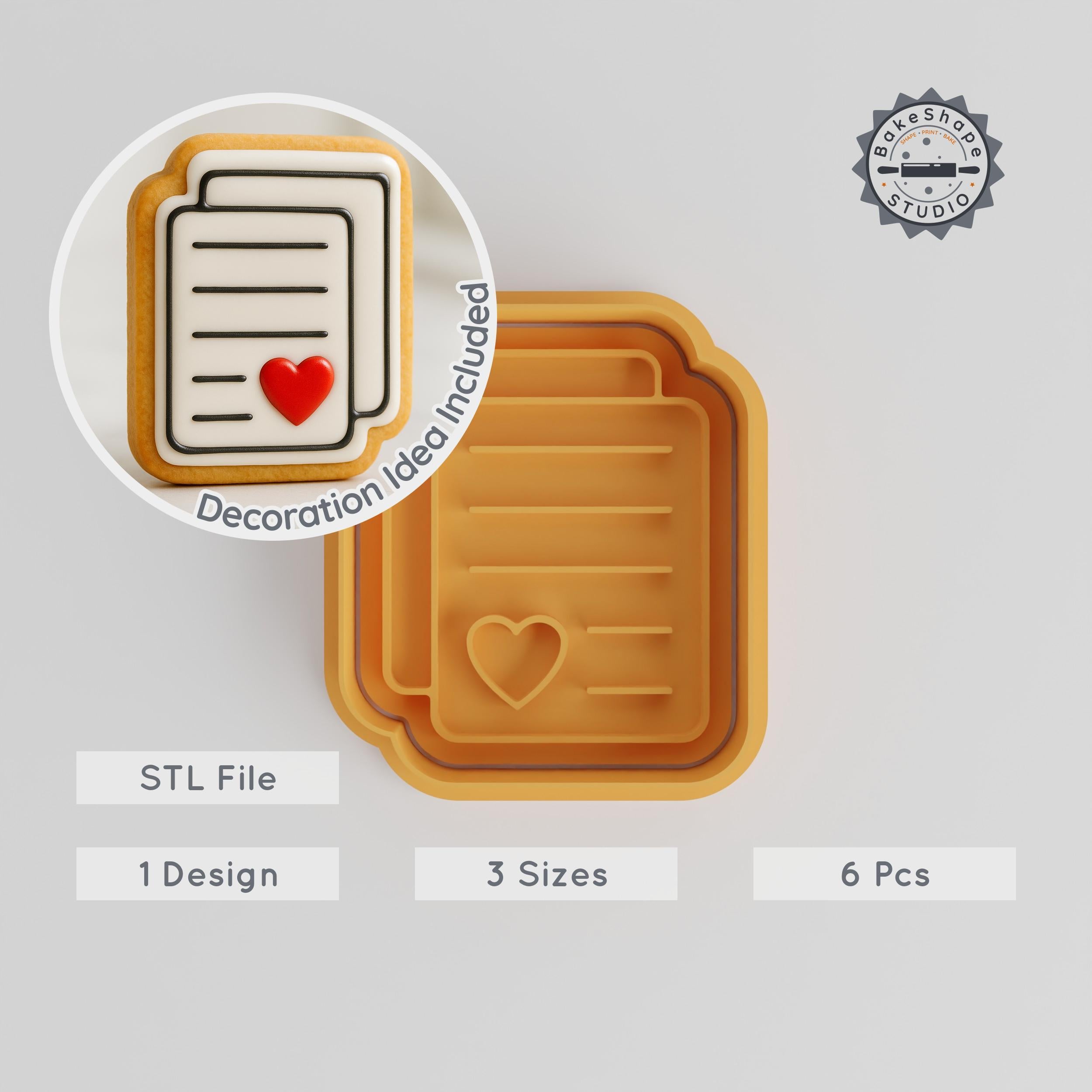 Love Letter Cookie Cutter & Stamp Set, Heart Note Valentine, 6 Pieces, Perfect for Fondant, Sizes S/M/L PRODUCT_236 3d model
