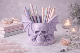 Gothic Skull Holder – Bat Wing Desk Organizer – 3D Printed Candle Holder Option – Witchy Makeup Brus 3d model