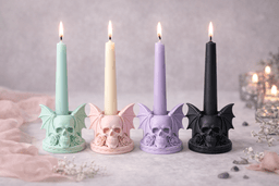 Gothic Skull Holder – Bat Wing Desk Organizer – 3D Printed Candle Holder Option – Witchy Makeup Brus 3d model