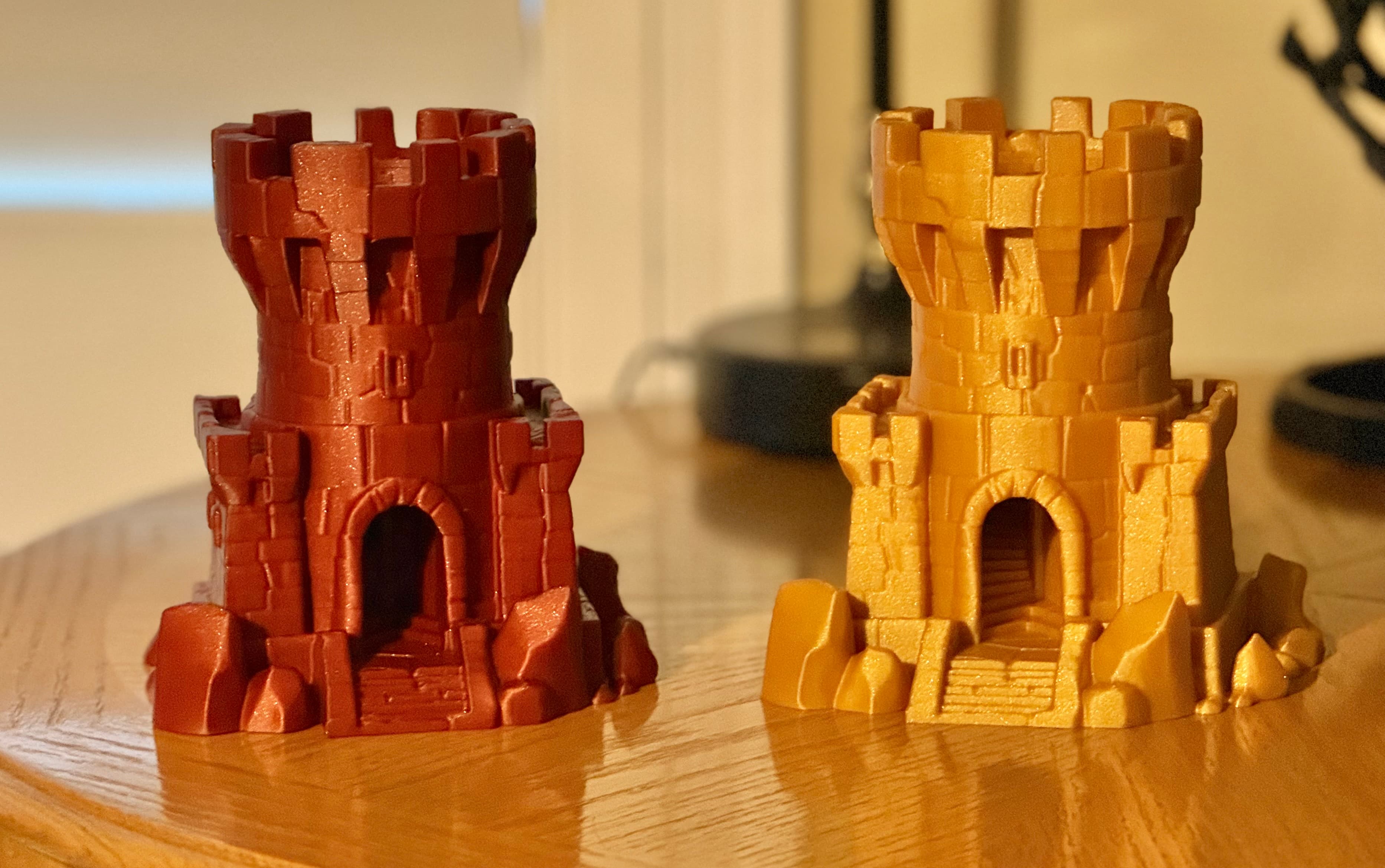 Bambu X1C printer. Both turned out great, Bambu Sparkle filament. Upped Z height to 110%, left X and Y at 100%. Tree supports on critical regions only. Very happy with prints!