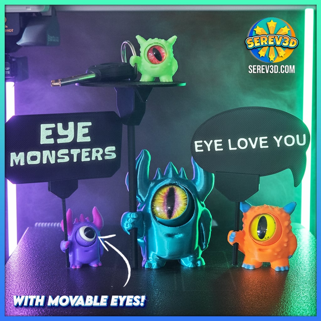 Eye Monsters - Movable Eye Keychain Holder, Display Helper & Stackable Toy STL/3MF 3d model